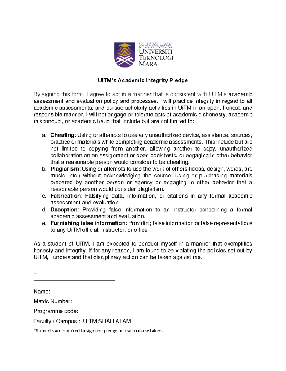 Ikrar Integriti Pelajar - UiTM’s Academic Integrity Pledge By signing ...