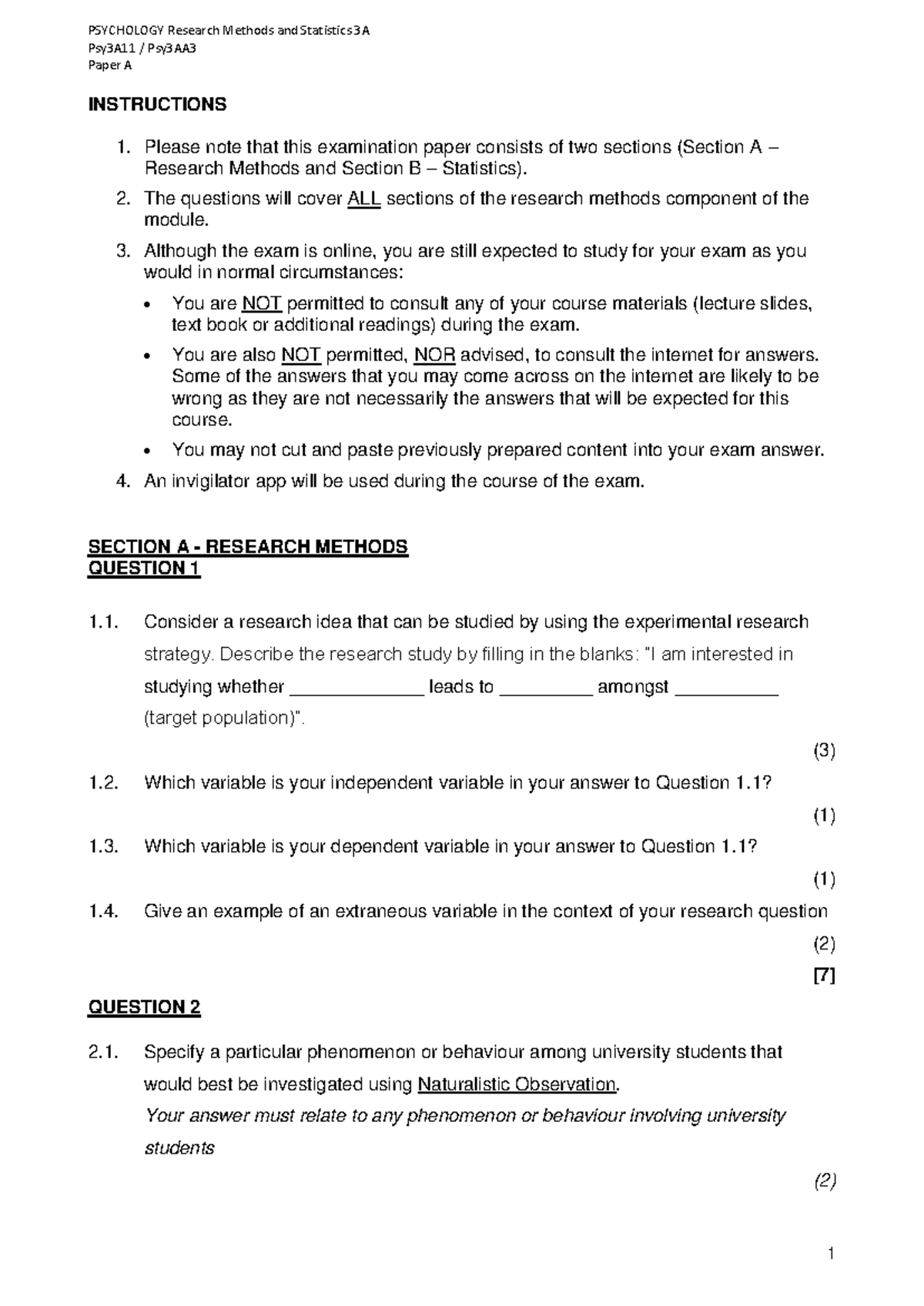 Psy3A Paper A with Memo June 2022 - PSYCHOLOGY Research Methods and ...