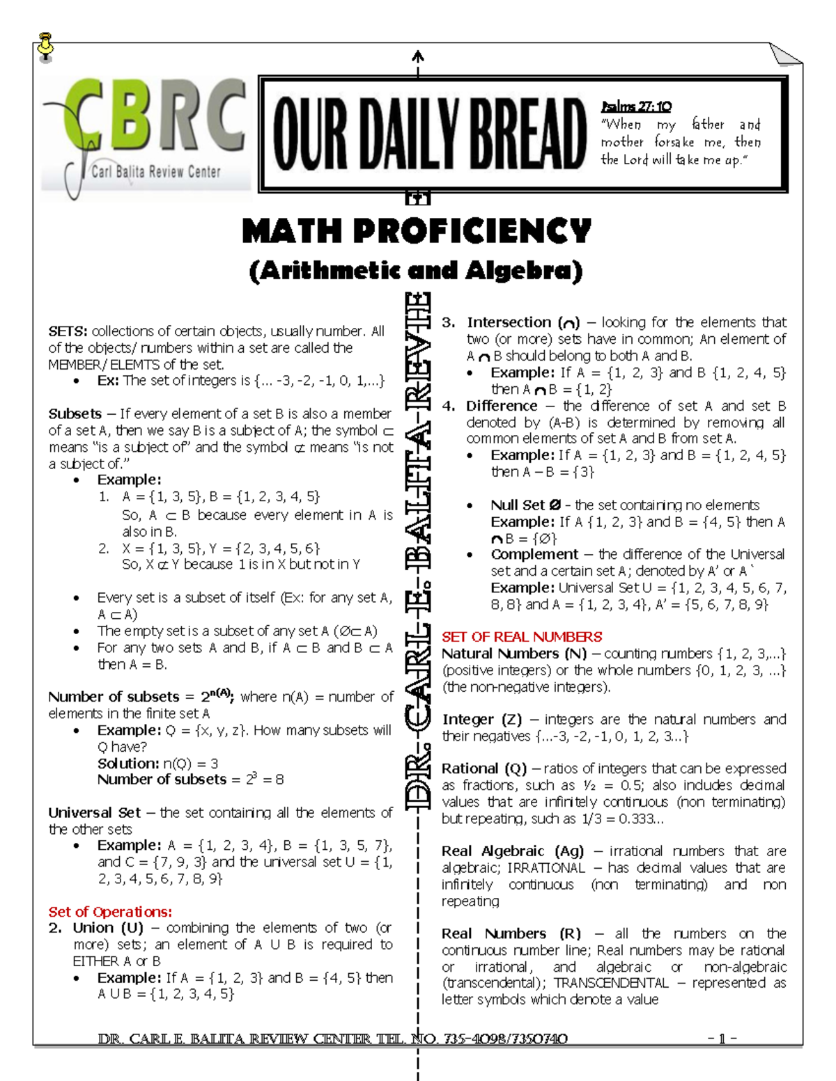ODB Math Algebra and Arithmetic - Psalms 27: 10 