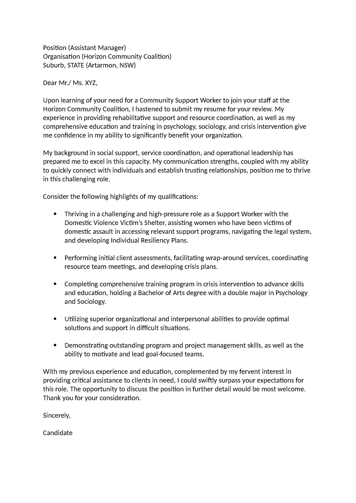 Sample Cover Letter - Just an upload - Position (Assistant Manager ...