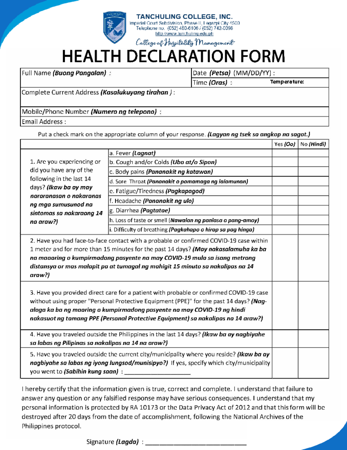 Health Declaration Form - Business Administration - Temperature: - Studocu