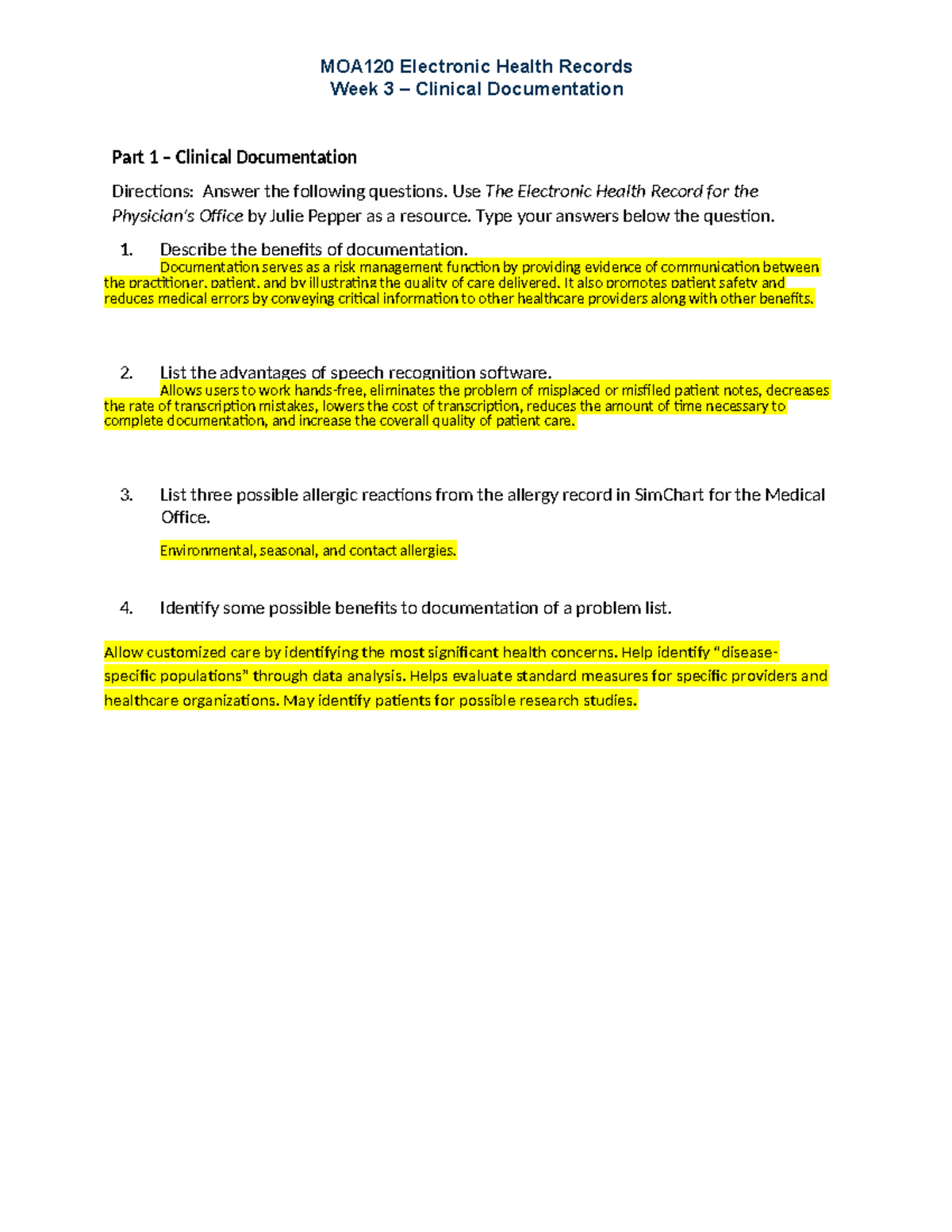 Week 3 - Answers - MOA120 Electronic Health Records Week 3 – Clinical ...