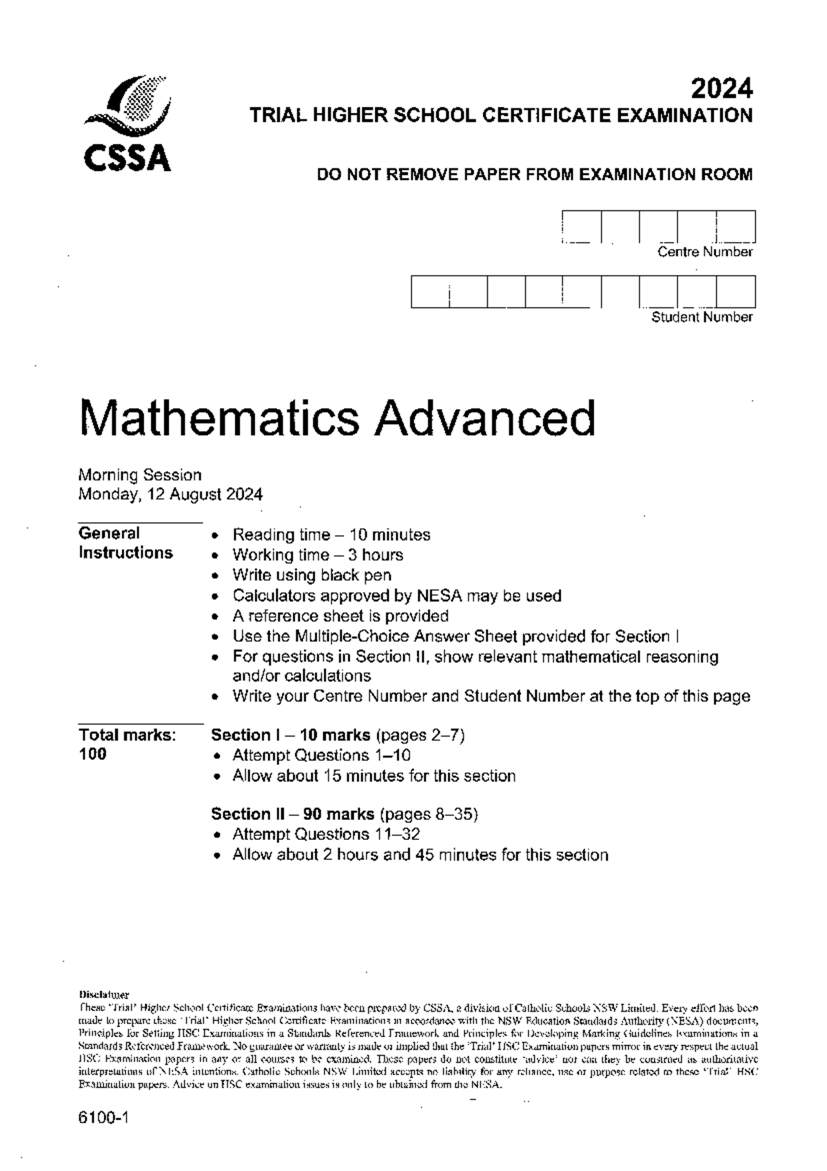 CSSA Maths Advanced exam - 2024 TRIAL HIGHER SCHOOL CERTIFICATE ...