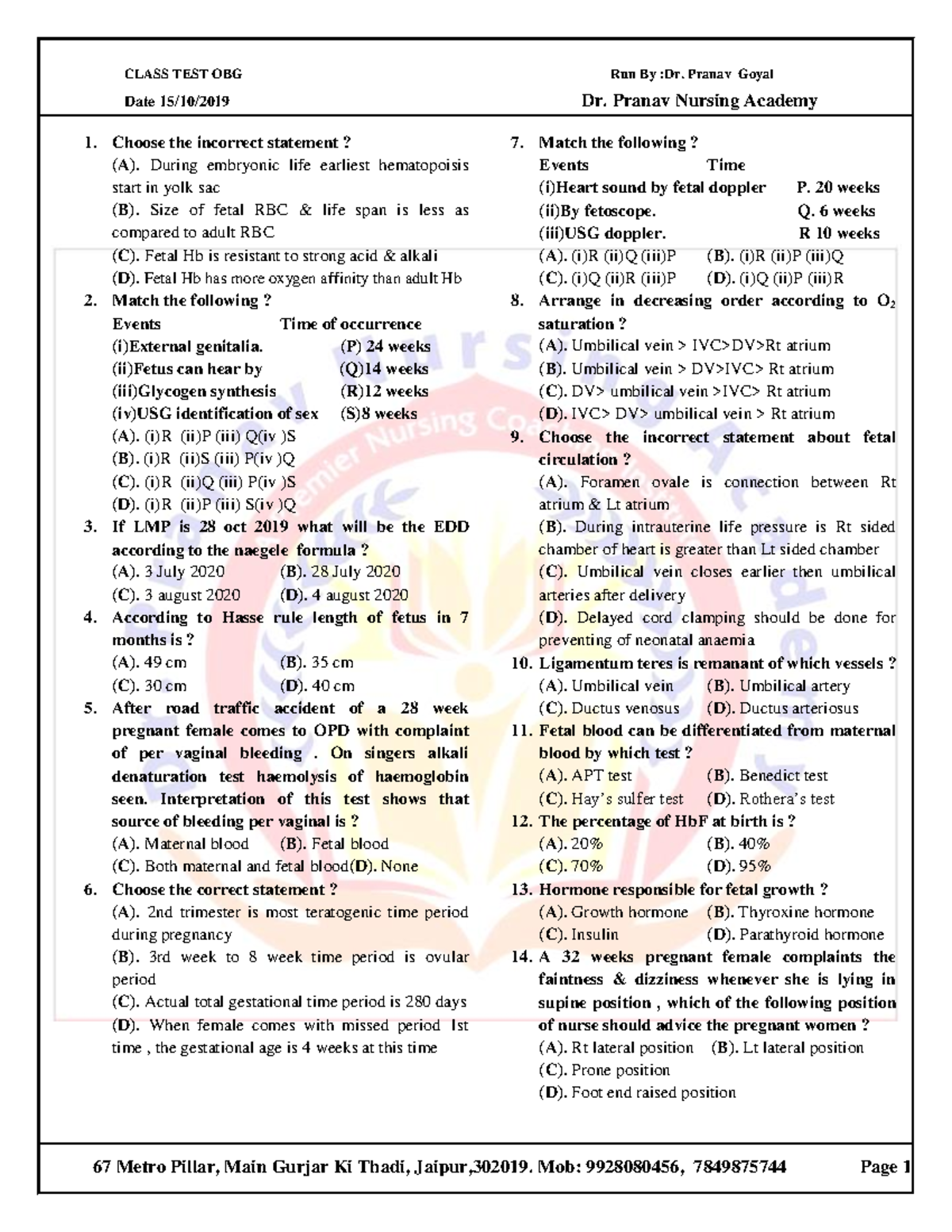 Class Test-4 (OBG) 15 October - CLASS TEST OBG Run By :Dr. Pranav Goyal ...