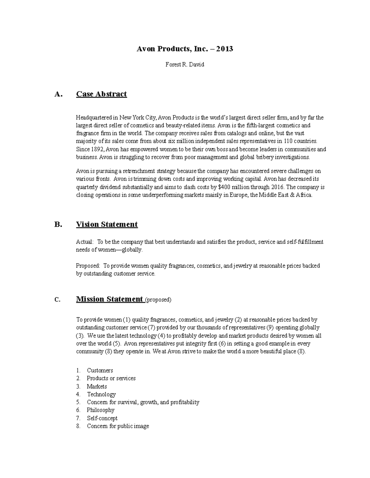 Analysis Avon Products, Inc. 2013 Forest R. David A. Case Abstract
