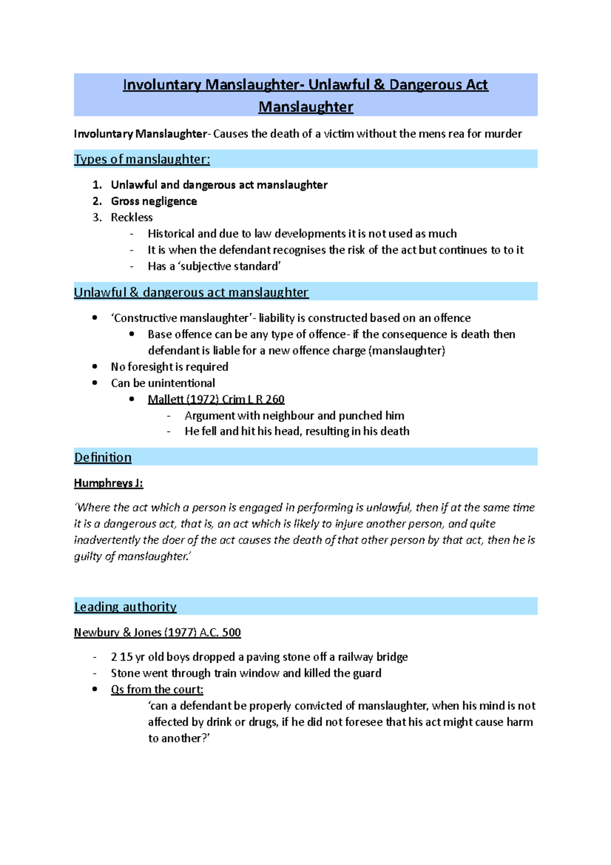 5.unlawful and dangerous act manslaughter - Involuntary Manslaughter ...