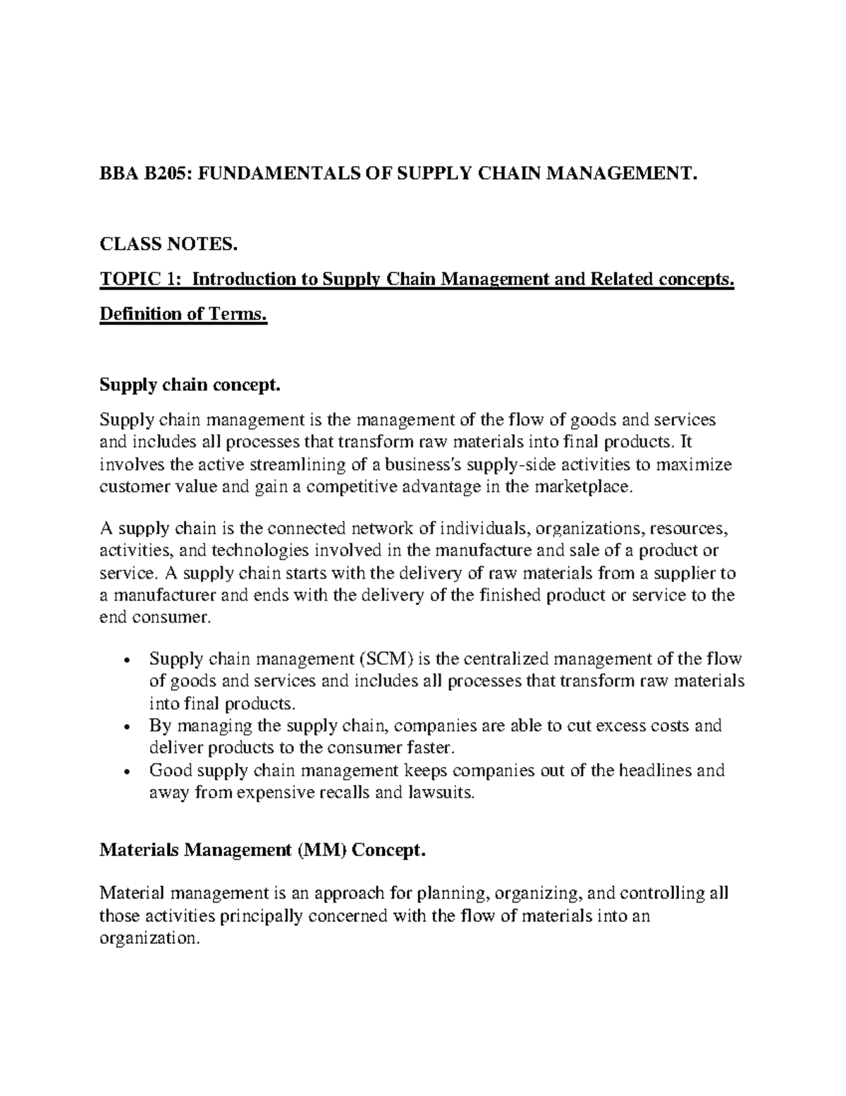 Fundamentals OF Supply Chain Management Notes BBA B205 FUNDAMENTALS