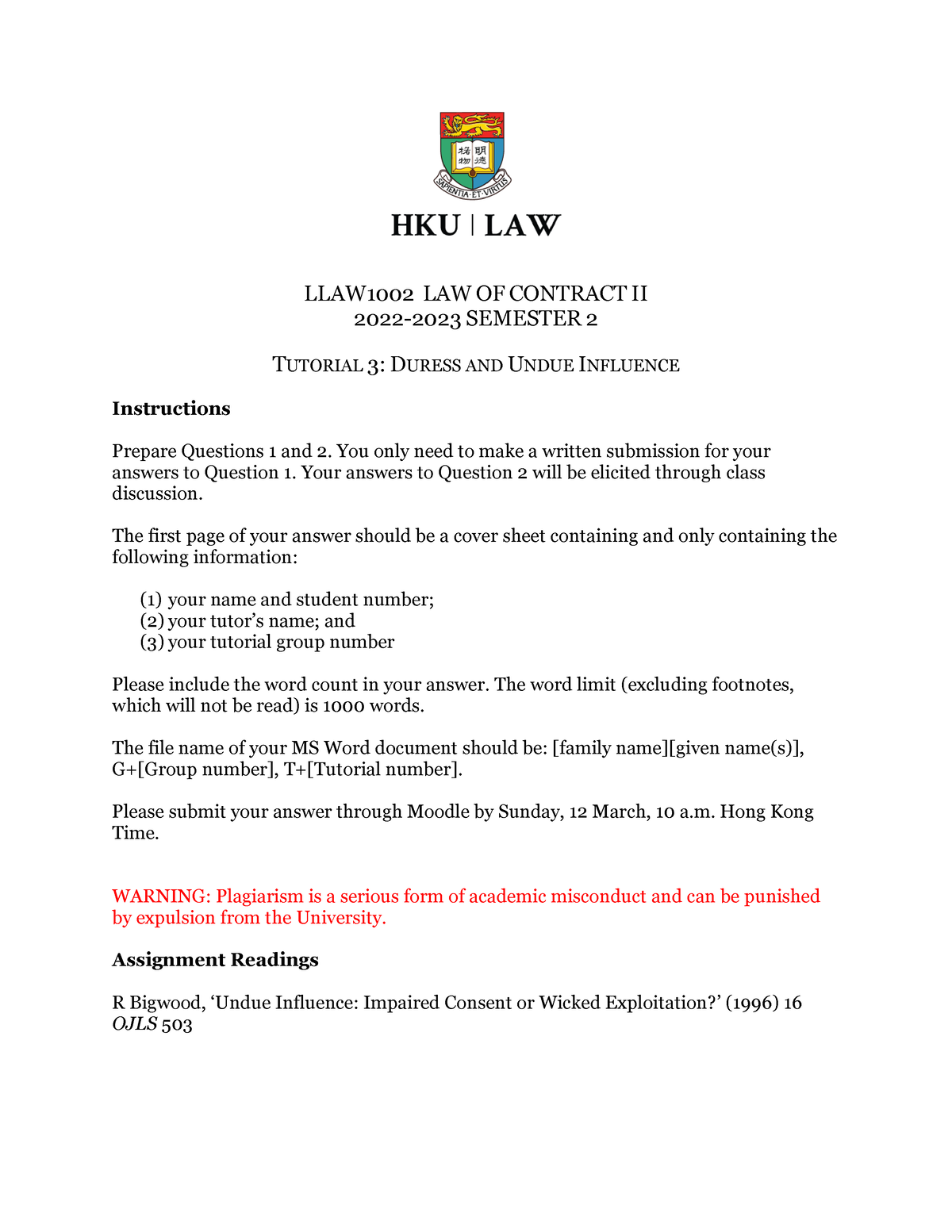 LLAW1002 Semester 2 Tutorial 3 - LLAW1002 LAW OF CONTRACT II 2022-2023 ...