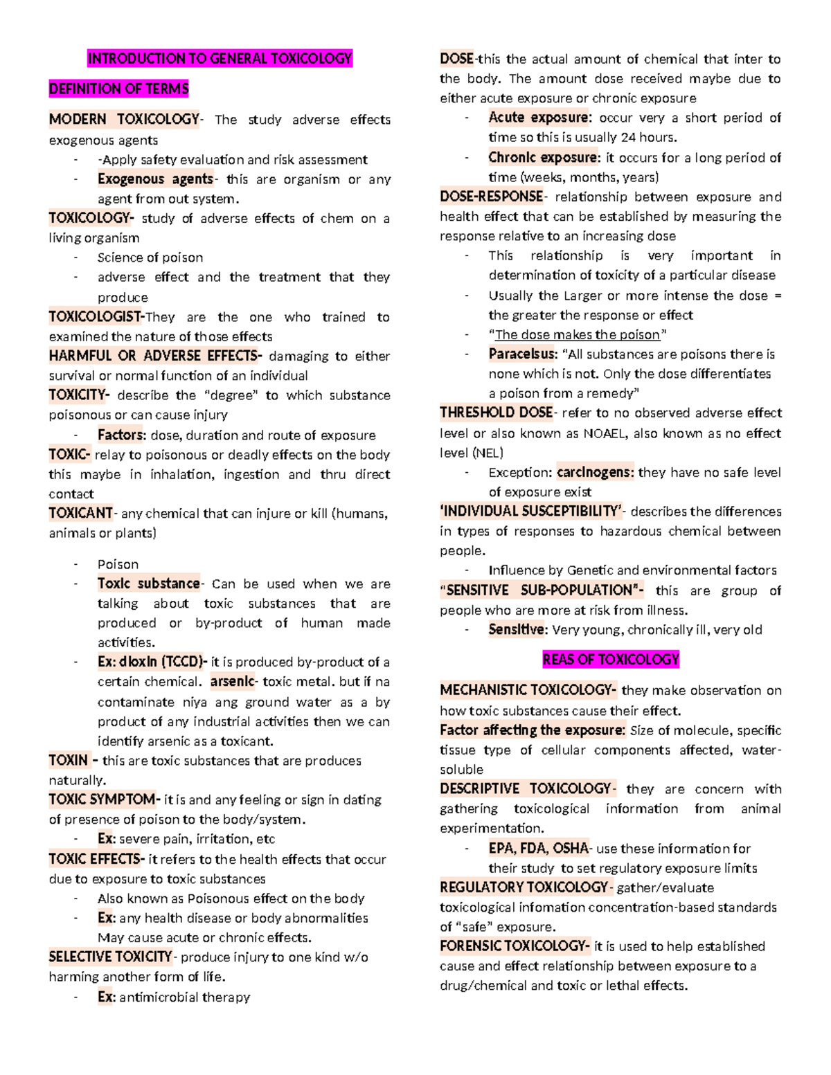 PH TOXI LEC Reviewer 1 - ///// - INTRODUCTION TO GENERAL TOXICOLOGY ...