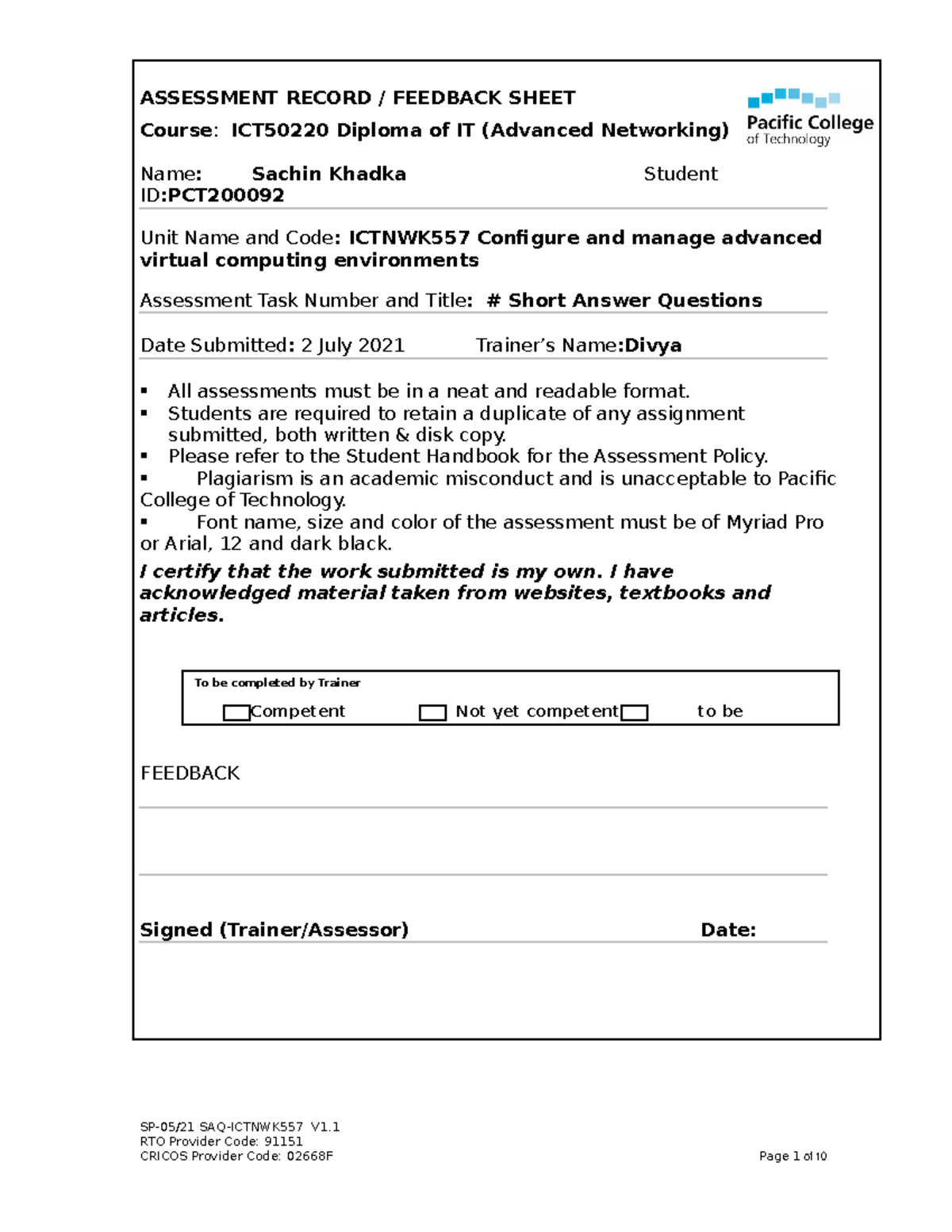 Assest 1 short - Notes - ASSESSMENT RECORD / FEEDBACK SHEET Course ...