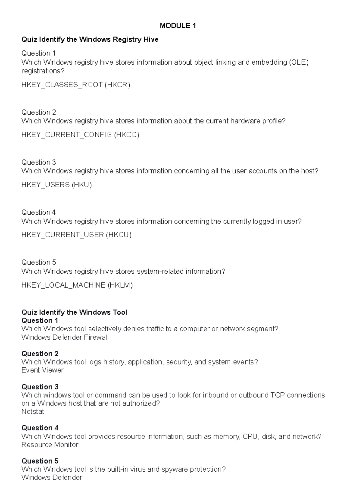 OS Quiz - Notes For Os - MODULE 1 Quiz Identify The Windows Registry ...