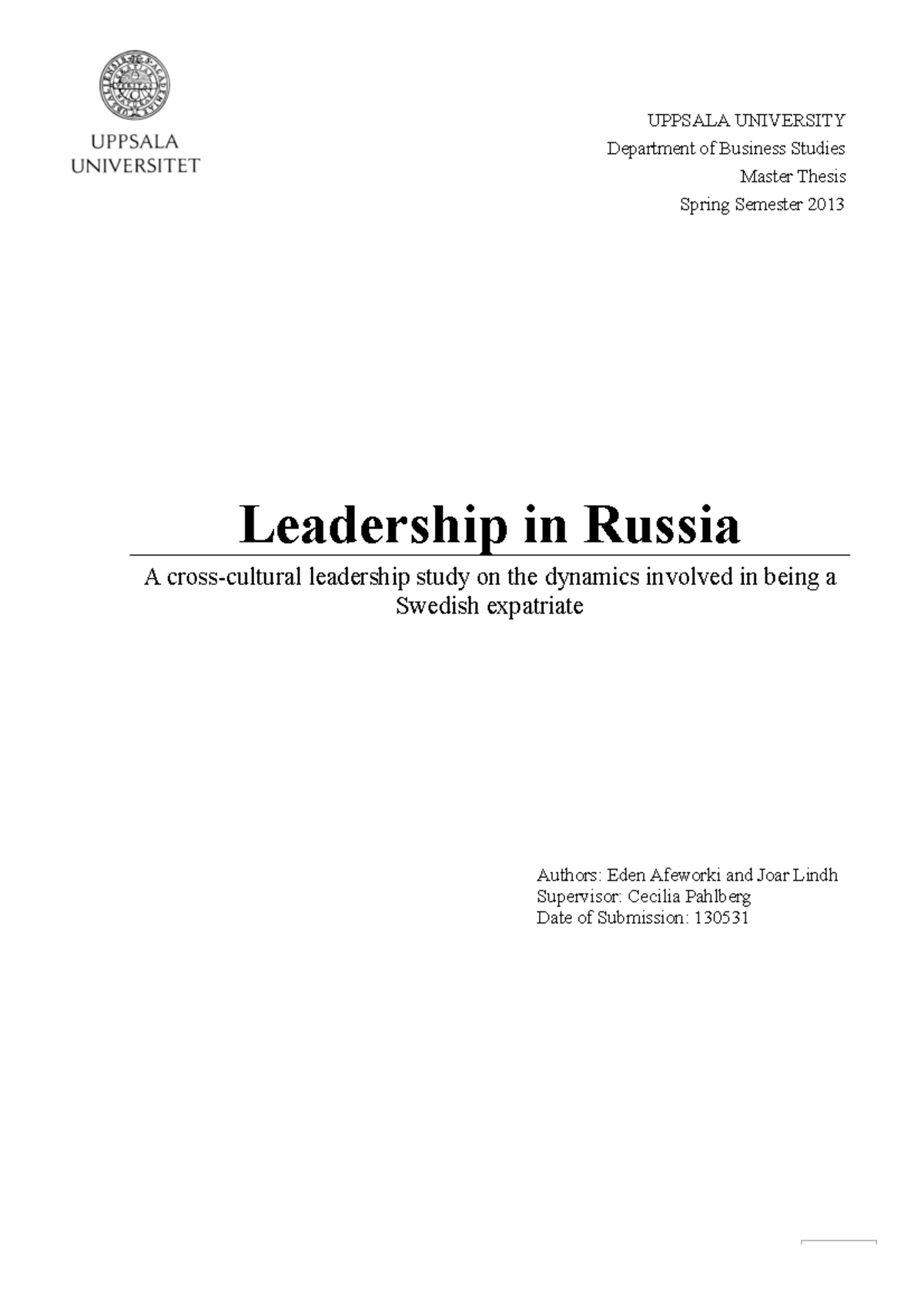 Leadership In Russia - Eme Eme Lang - UPPSALA UNIVERSITY Department Of ...