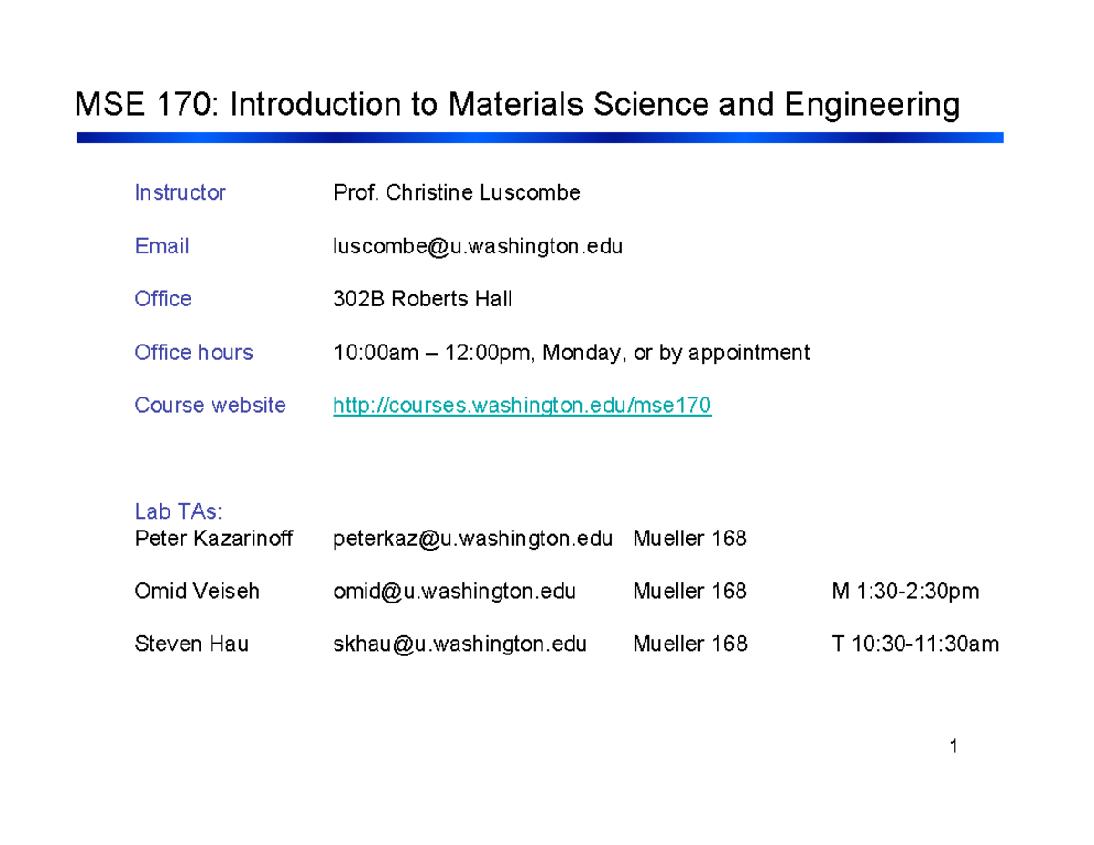 Week1complete - summary of material science course - MSE 170 ...