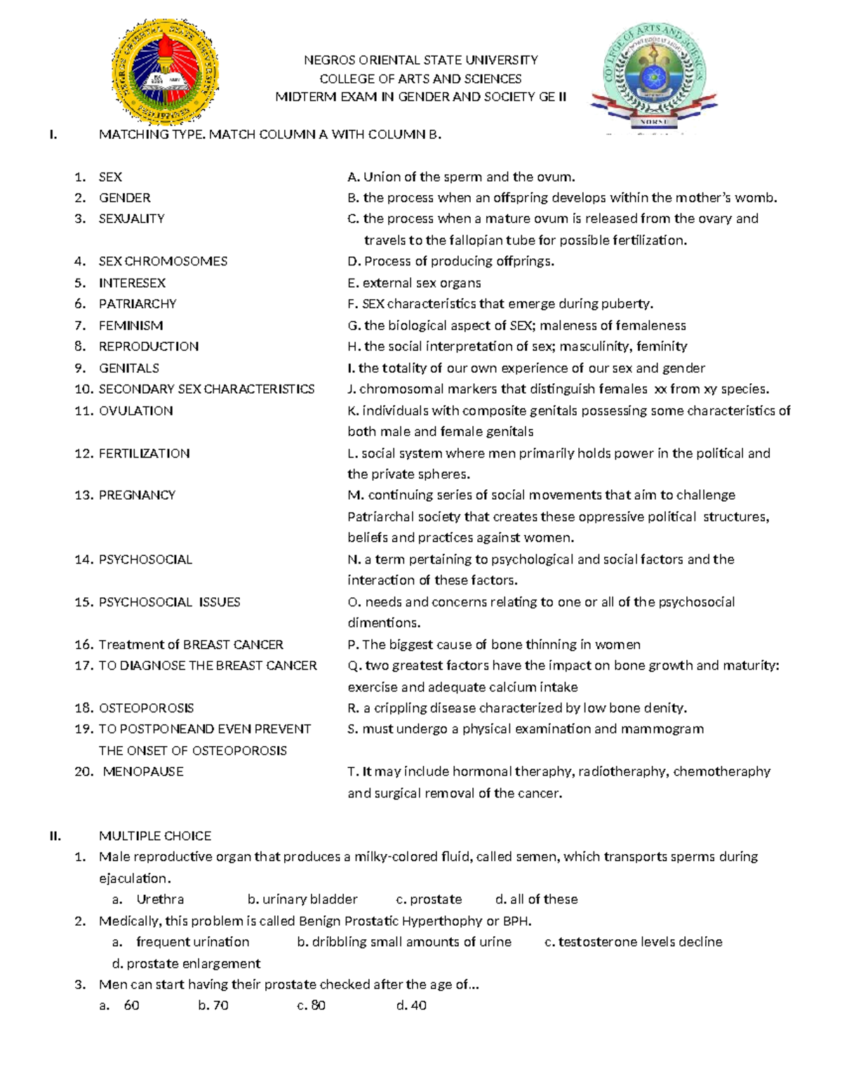 Midterm EXAM IN Gender AND Society GE II - NEGROS ORIENTAL STATE ...