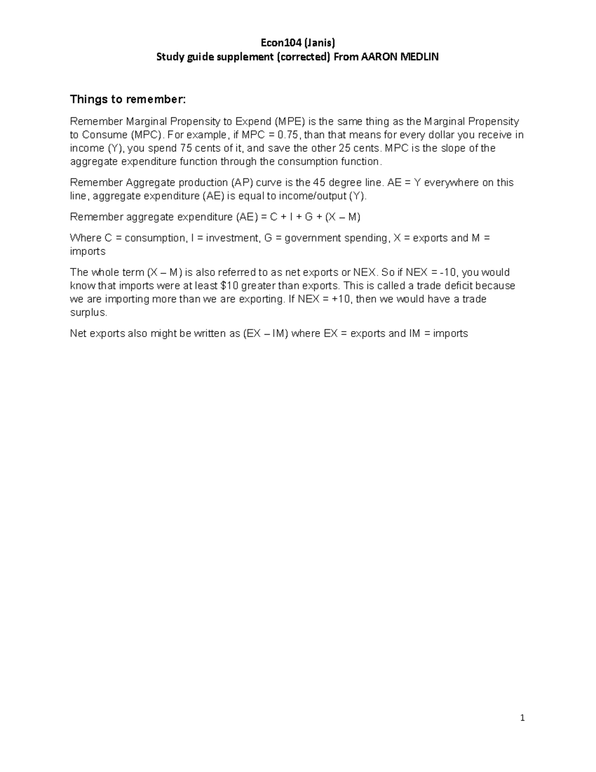 Study Guide Questions My Key Corrected Warning Tt Undefined Function 32 Econ104 Janis Study Guide Supplement Corrected From ron Medlin Things To Remember Studocu