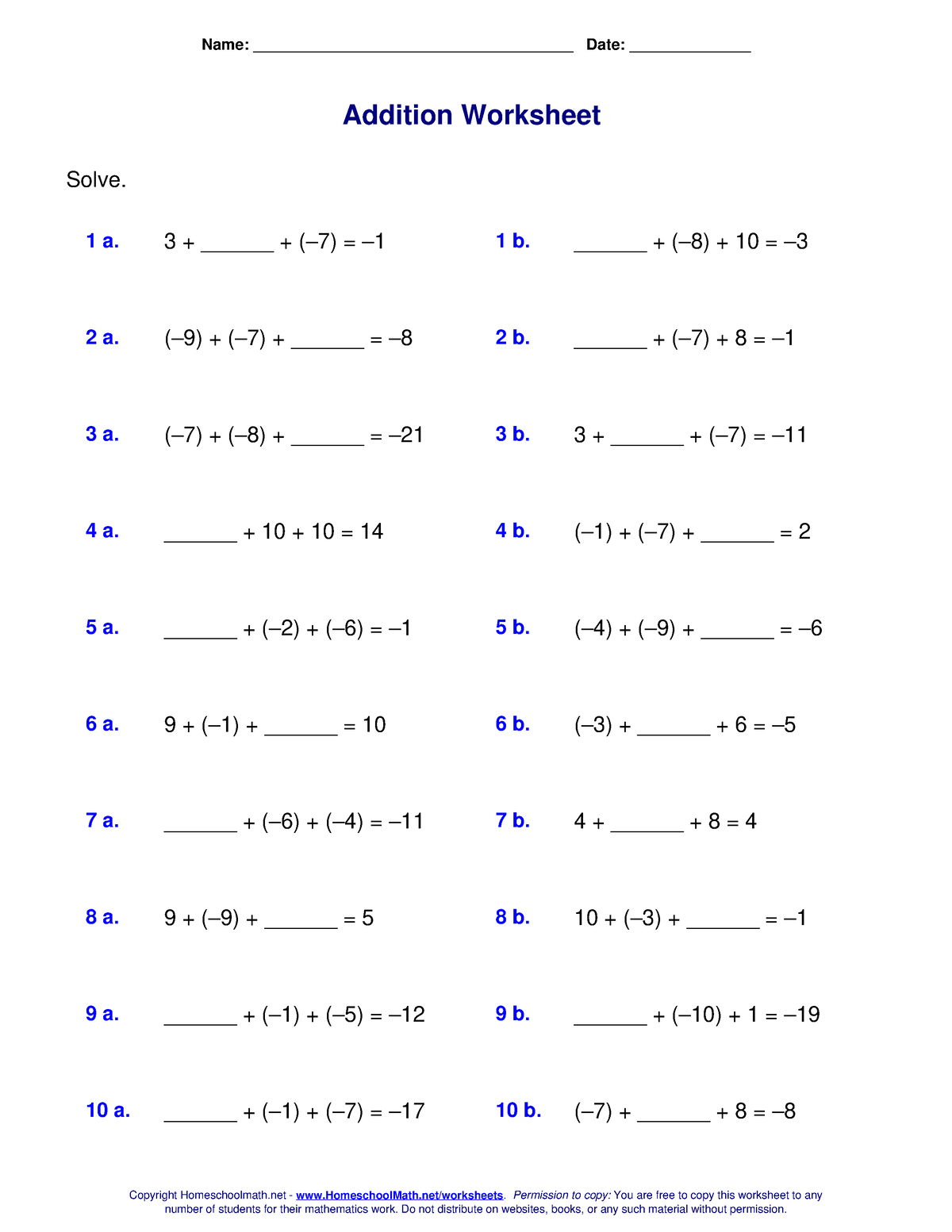 Addition Worksheet - integers - Name ...