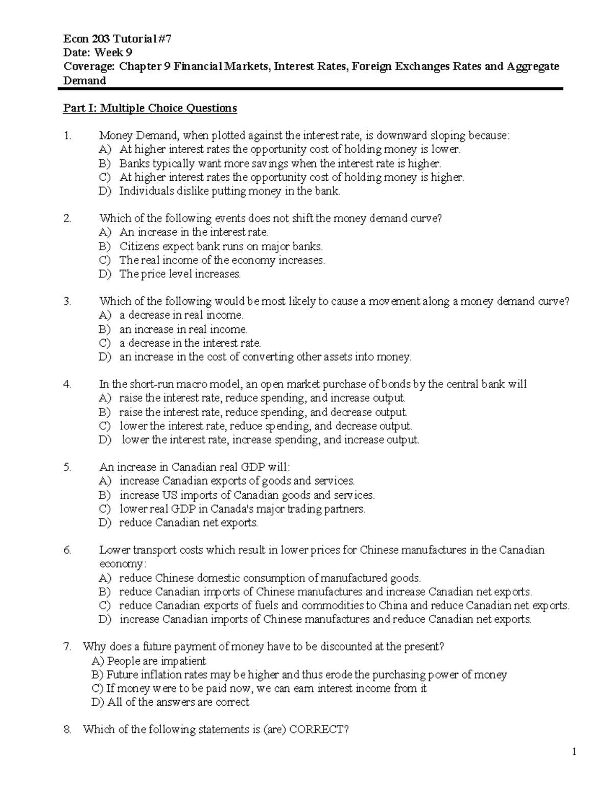 ECON203 Tutorial -7 Questions - Econ 203 Tutorial # Date: Week 9 ...