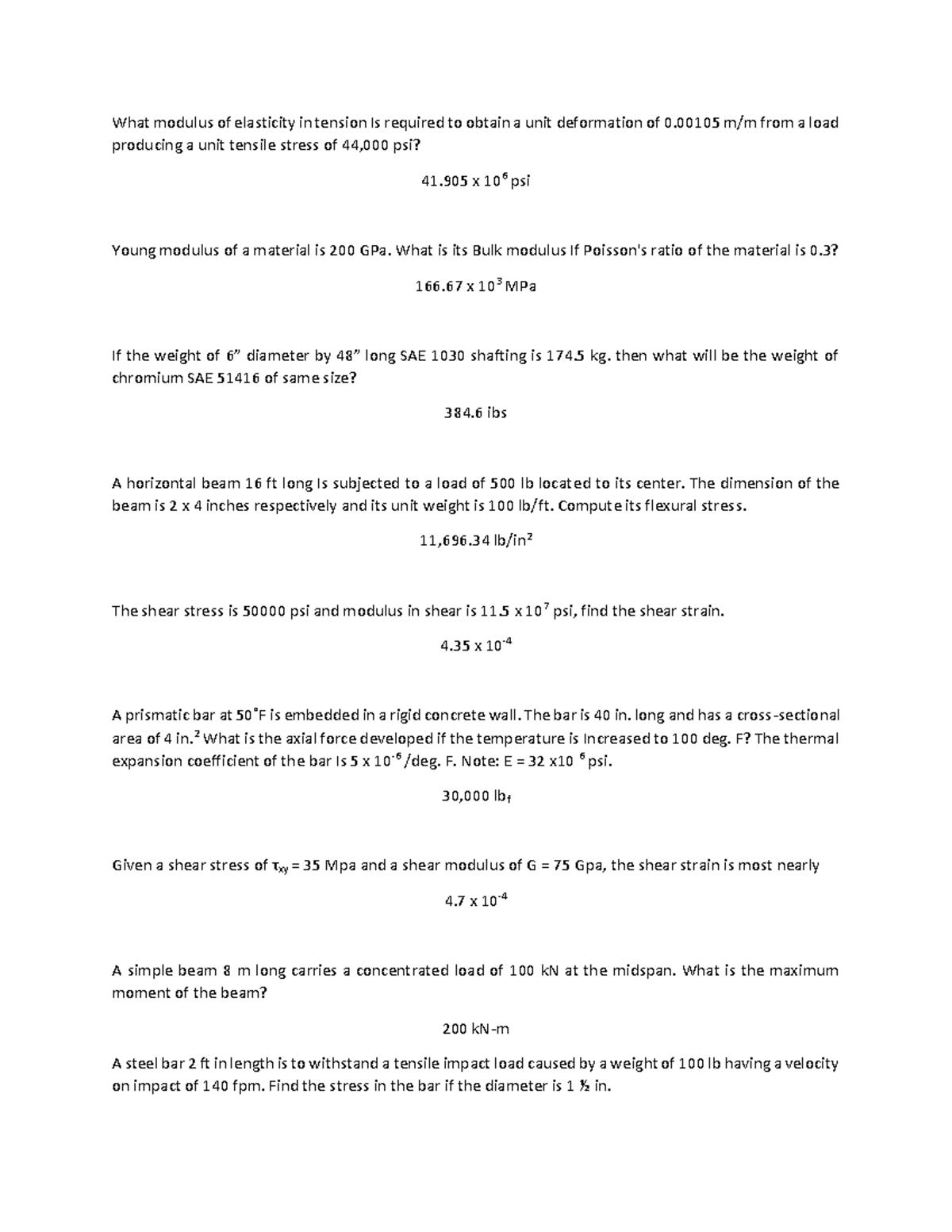 Machine Design Sample Problems 1 What modulus of elasticity in