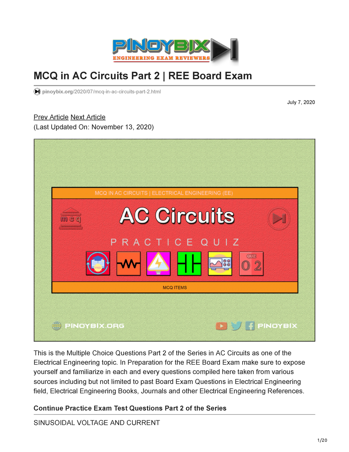 Pinoybix.org-MCQ In AC Circuits Part 2 REE Board Exam - July 7, 2020 ...