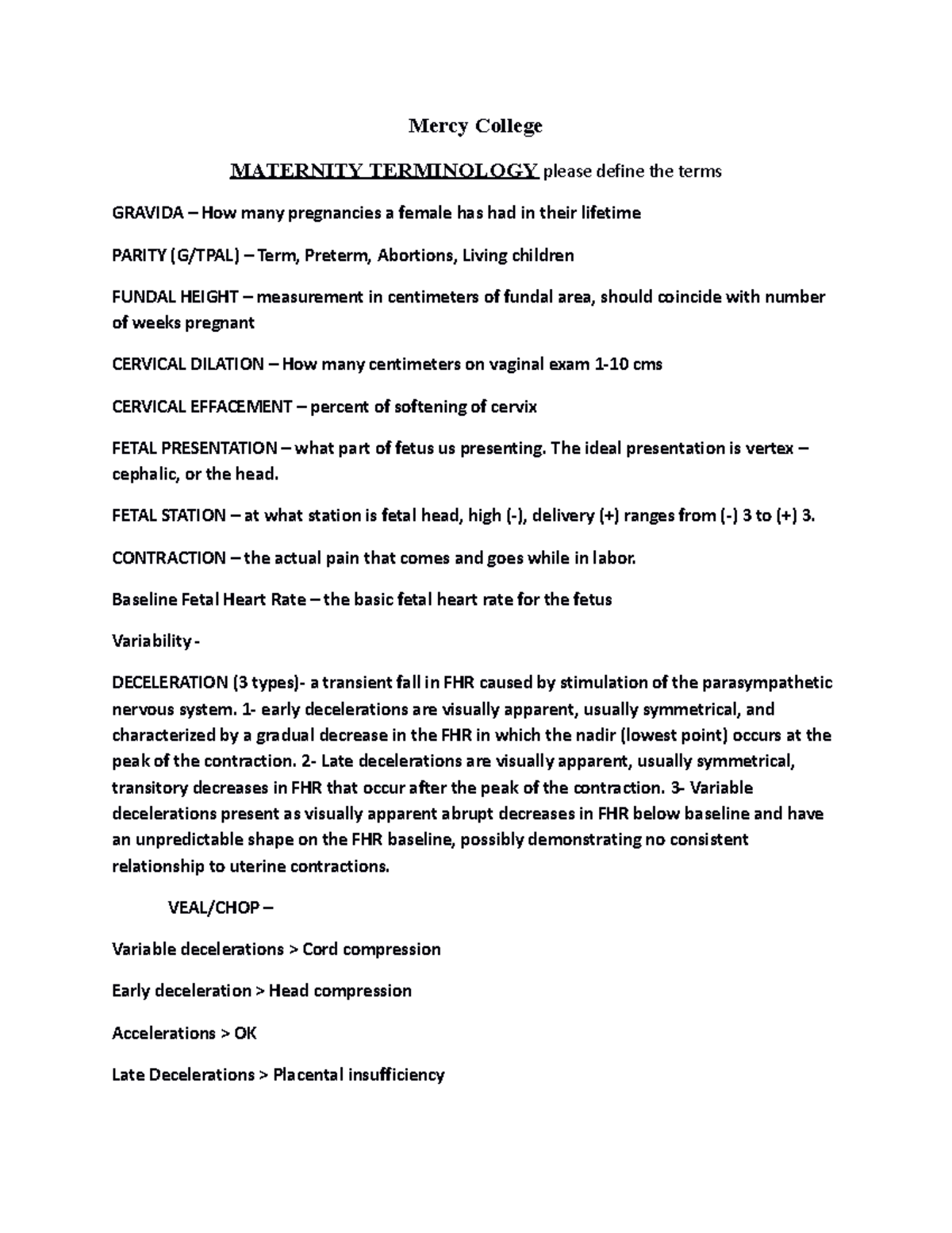 Maternity Terminology Mercy College MATERNITY TERMINOLOGY please