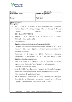 Evidencia 1 de planeacion estrategica - Nombre : Matrícula : Nombre del ...