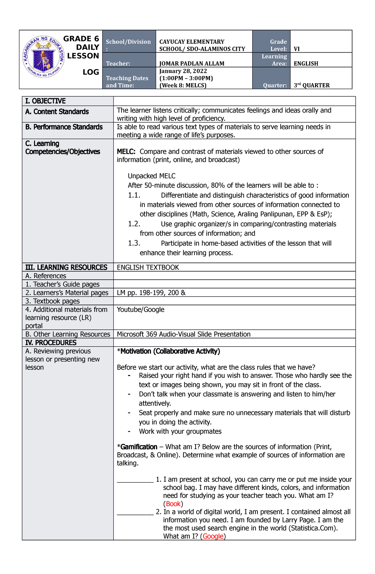 Grade 6 Daily Lesson Log Dll Quarter 3 Week 1 Vrogue