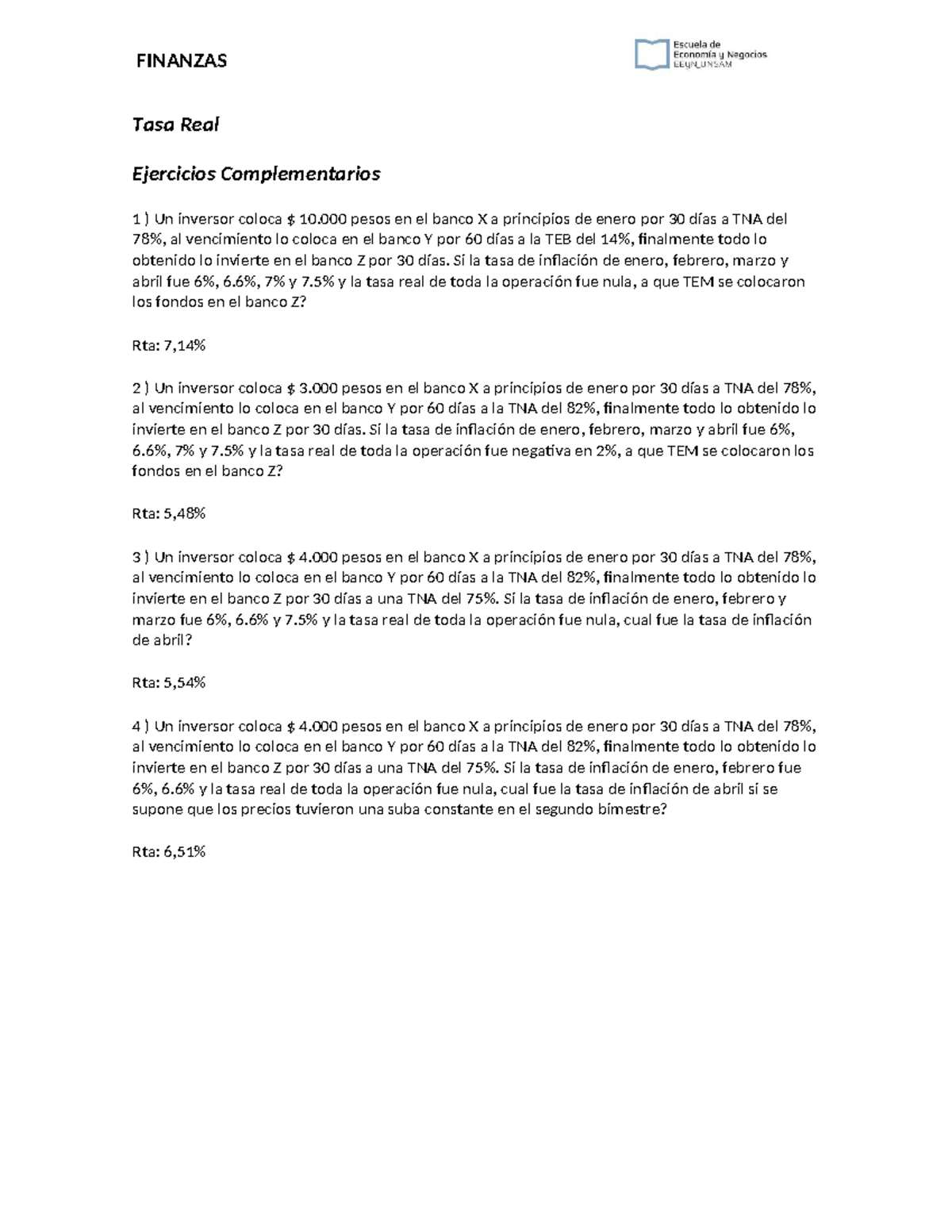 Tasa Real Ejercicios Complementarios - Si la tasa de inflación de enero ...
