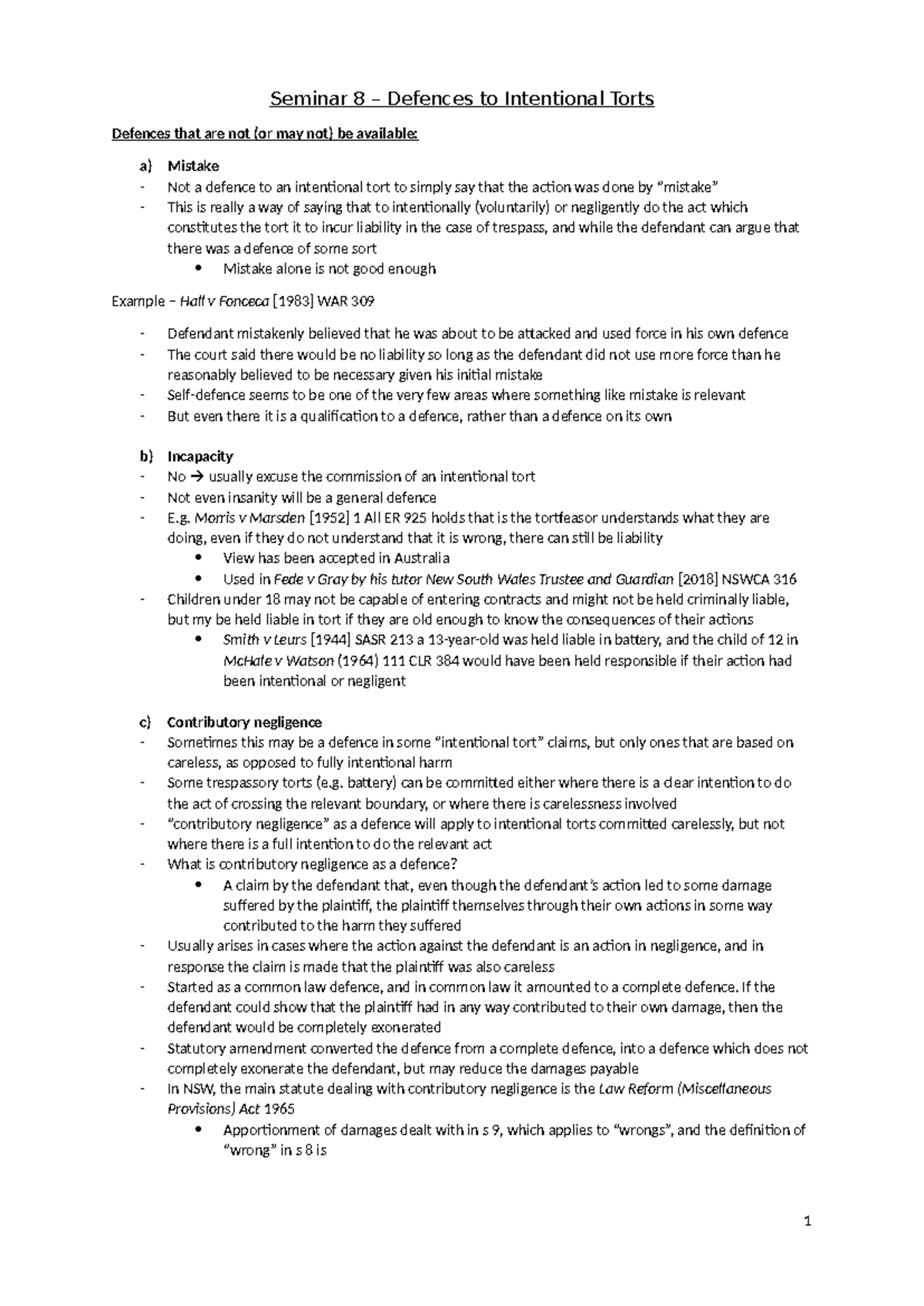 Seminar 8 Part 2 Summary Torts 1 Seminar 8 Defences To Intentional Torts Defences That Seminar 8 Part 2 Summary Torts 1 Seminar 8 Defences To Intentional Torts Defences That