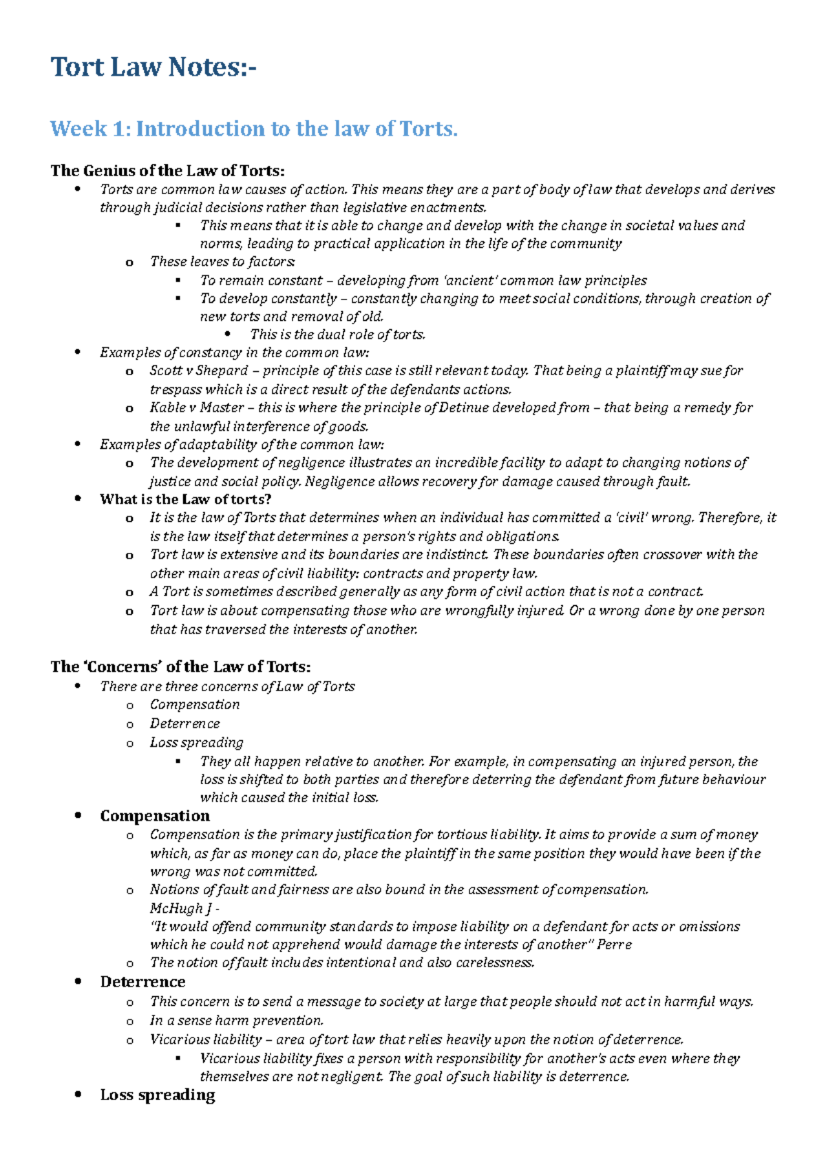 Tort Law Notes - week 1 - Tort Law Notes:- Week 1: Introduction to the ...