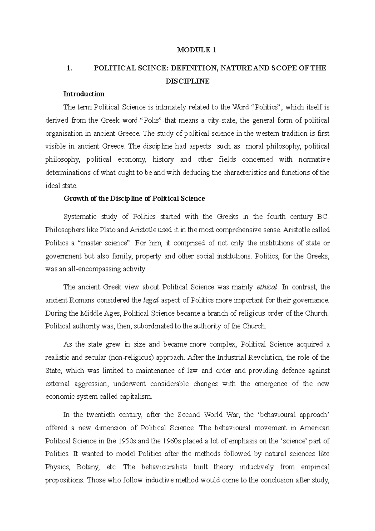 Module 1 Political science MODULE 1 1. POLITICAL SCINCE DEFINITION