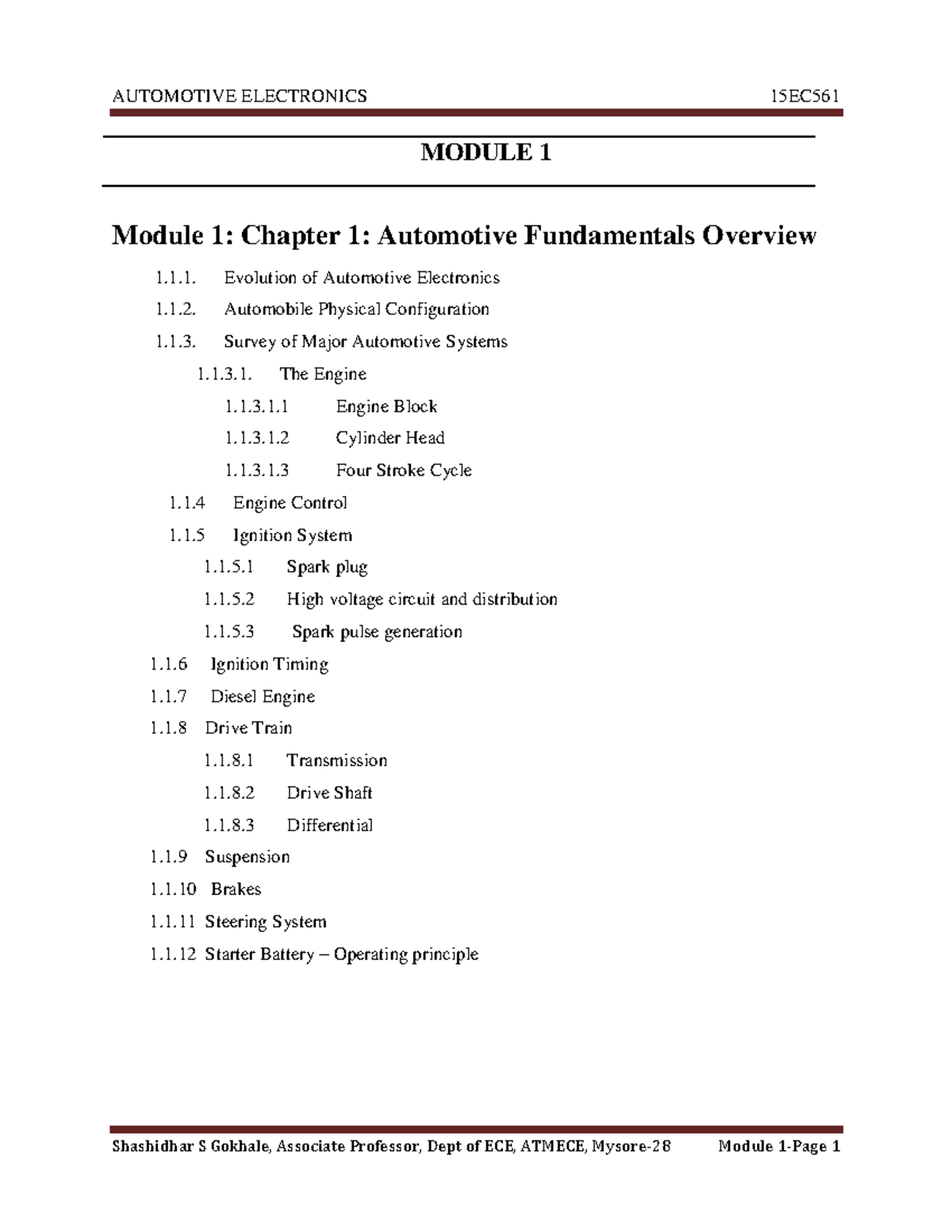 Automotive electronics notes MODULE 1 Module 1 Chapter 1 Automotive