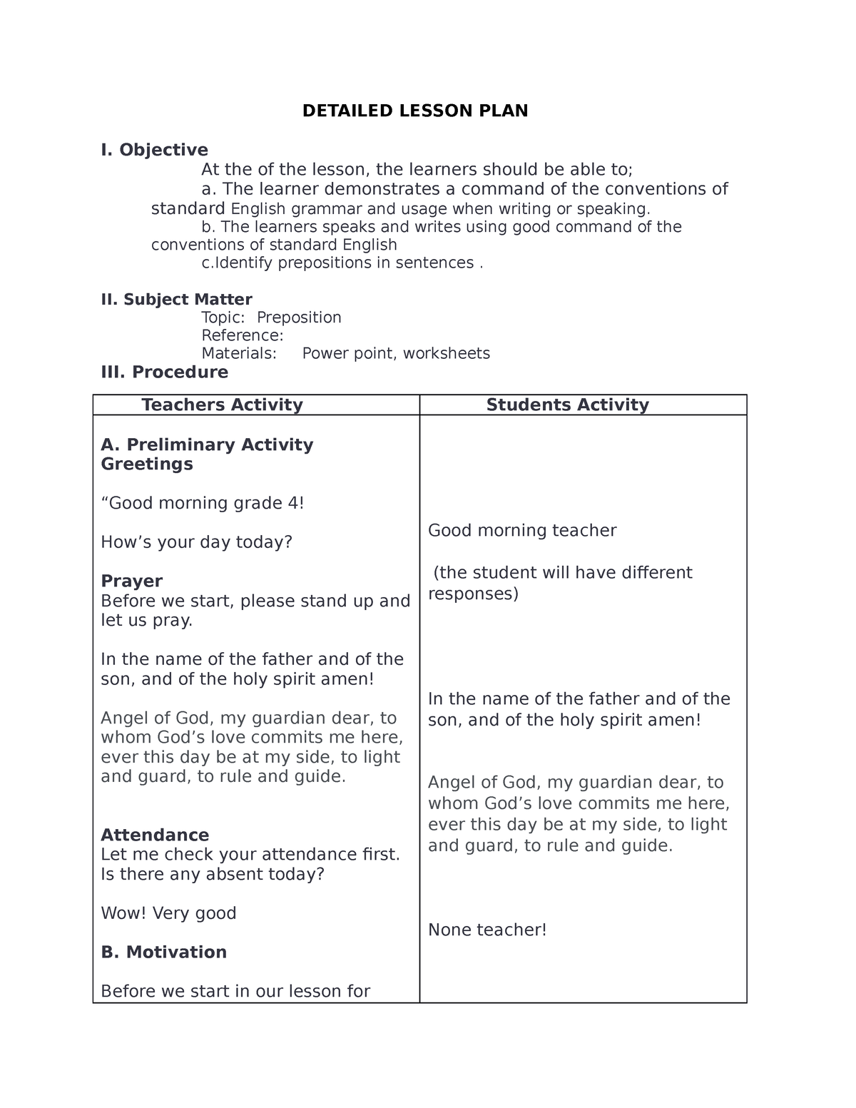 Grade-4- Detailed Lesson PLAN - DETAILED LESSON PLAN I. Objective At ...