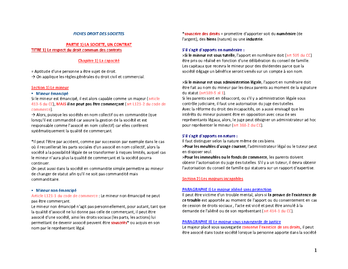 Droit général des sociétés - FICHES DROIT DES SOCIETES PARTIE 1) LA