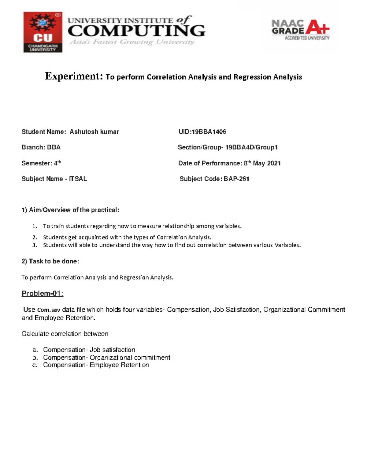 Worksheet 8 abc - Experiment: To perform Correlation Analysis and ...