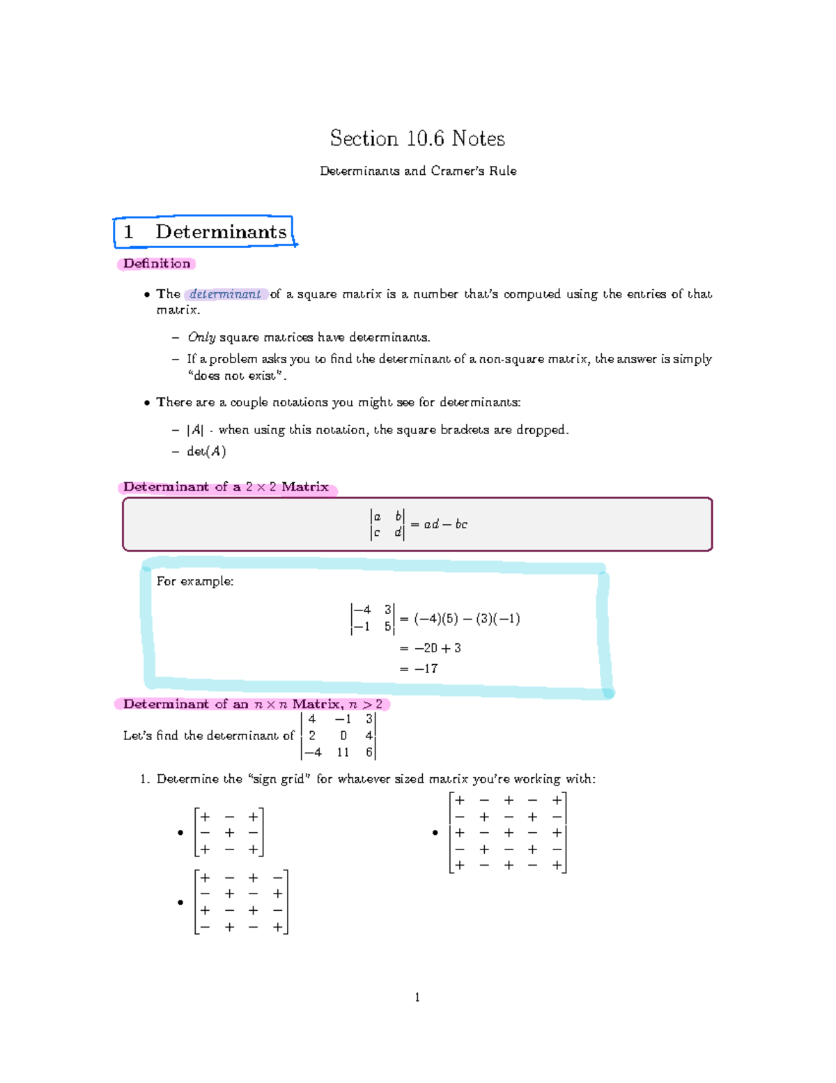 Determinants and Cramer's Rule - Section 10 Notes Determinants and Rule ...