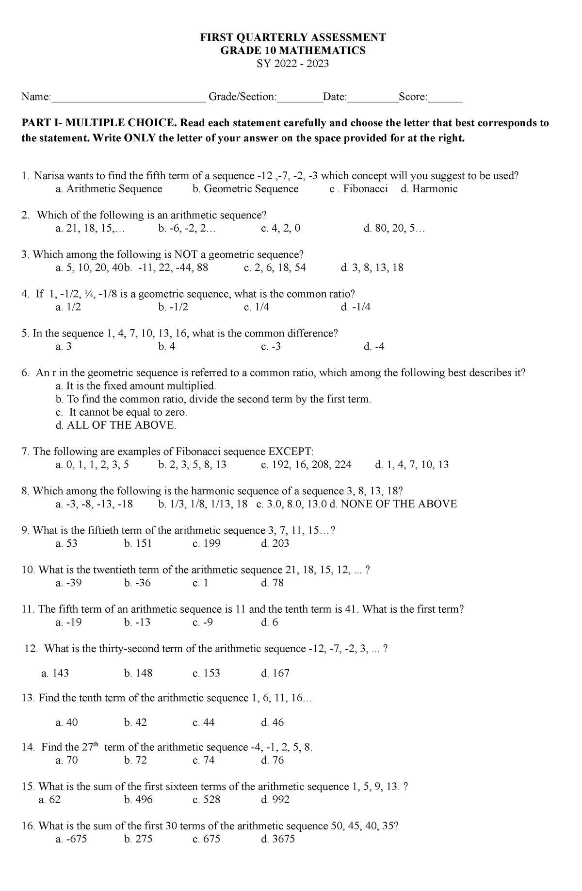 PT Mathematics 10 Q1 - ang pinaka easy sa math, lovelots - FIRST ...