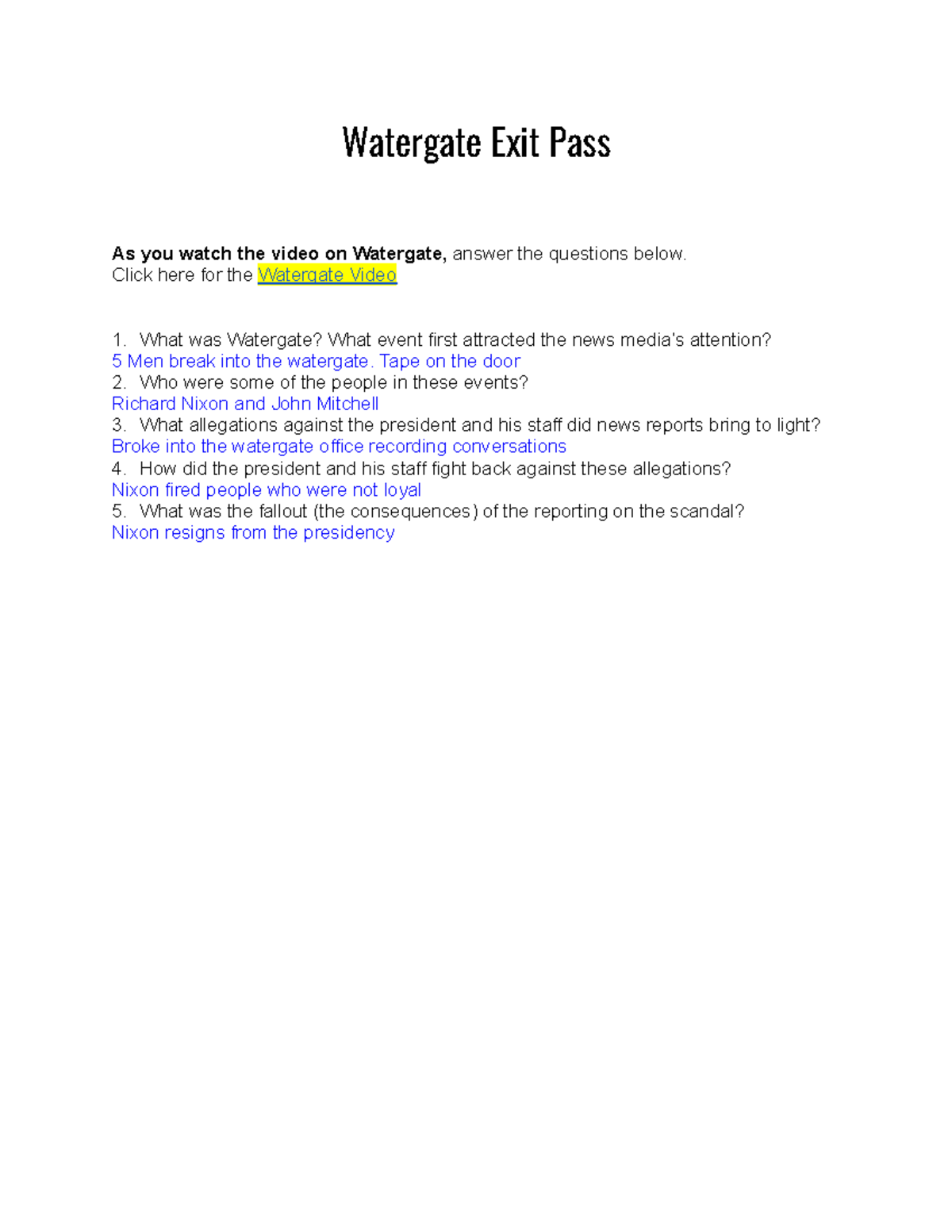Watergate Exit Pass assignments Watergate Exit Pass As you watch