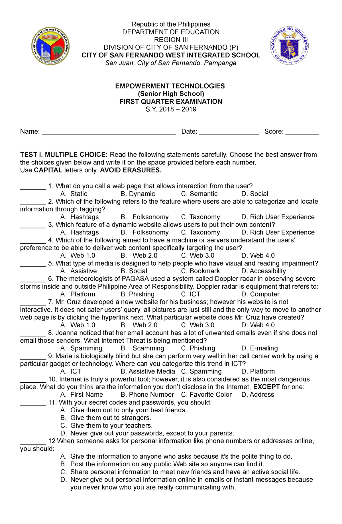 Empowerment Technology 1st Quarter Exam - Republic Of The Philippines ...