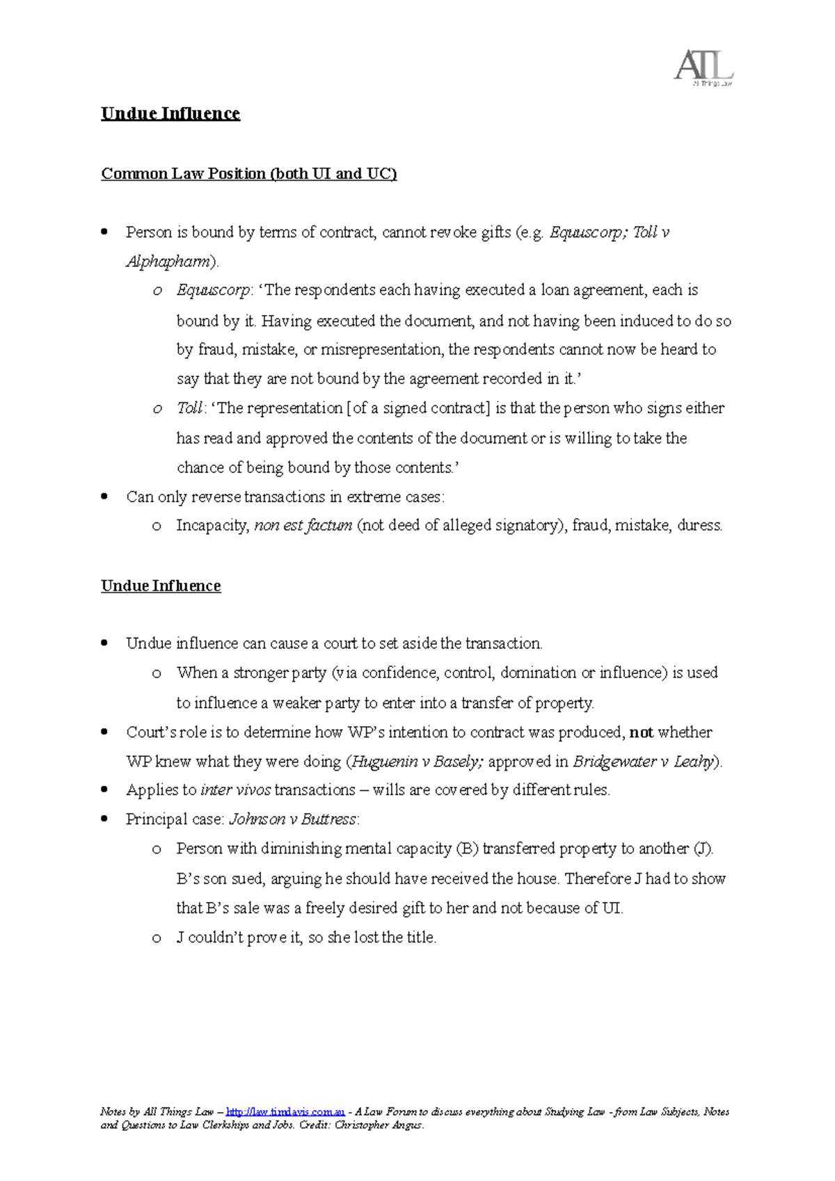 Equity Exam Notes - Undue Influence Common Law Position (both UI and UC ...