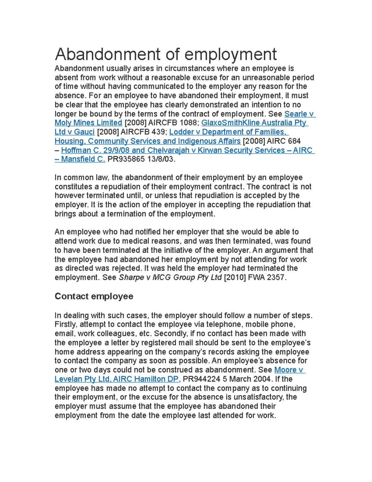 Abandonment of employment Abandonment of employment Abandonment