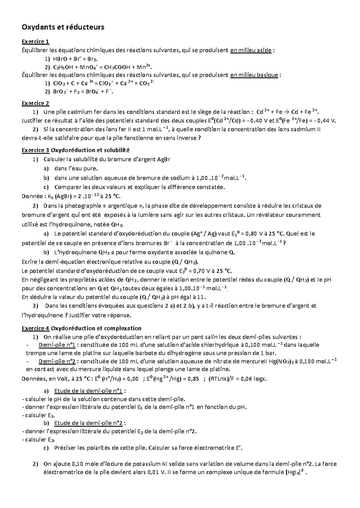 Oxydants et réducteurs - Oxydants et réducteurs Exercice 1 Équilibrer ...