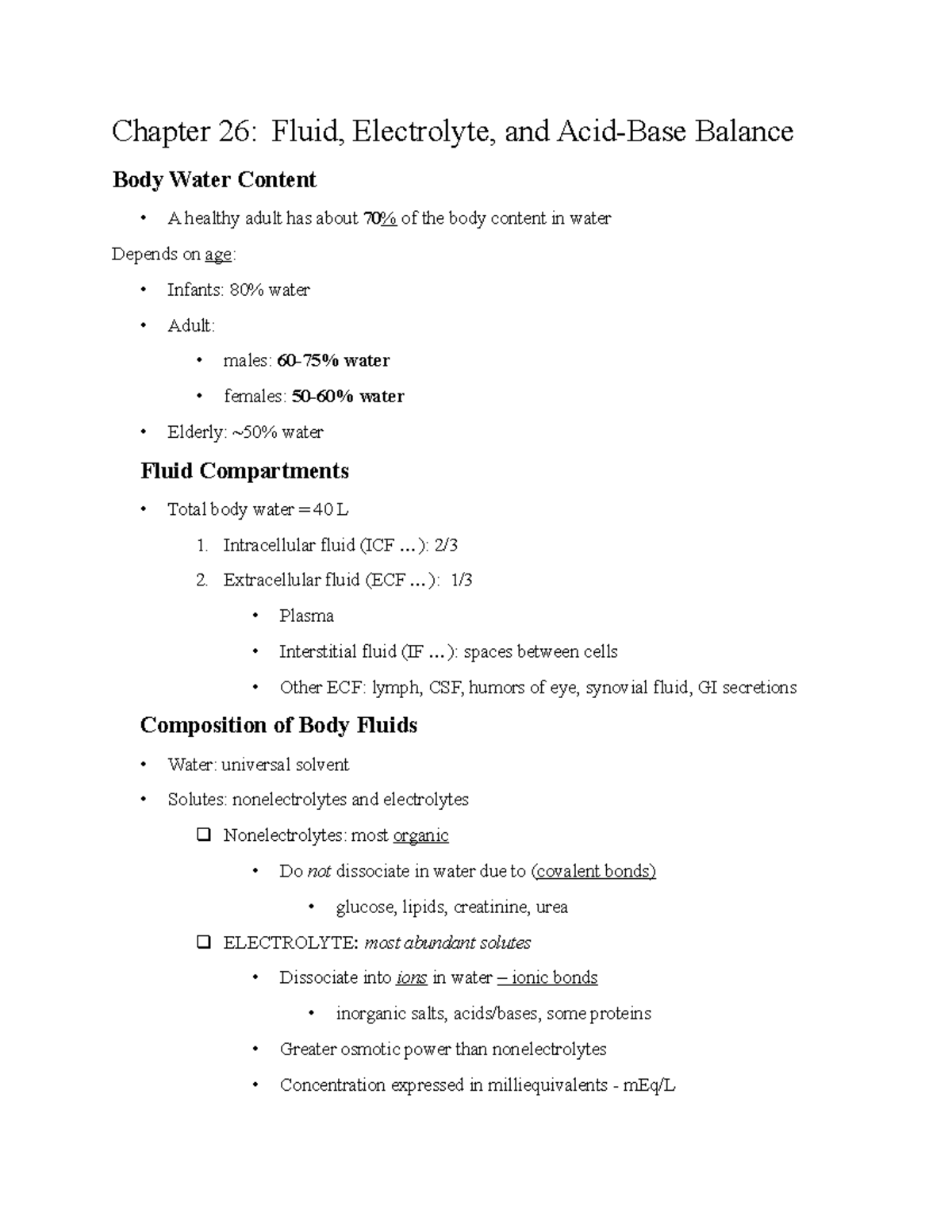 Chapter 26 - Fluids, and Acid Base Balance, Professor Sylvia Rabacchi ...