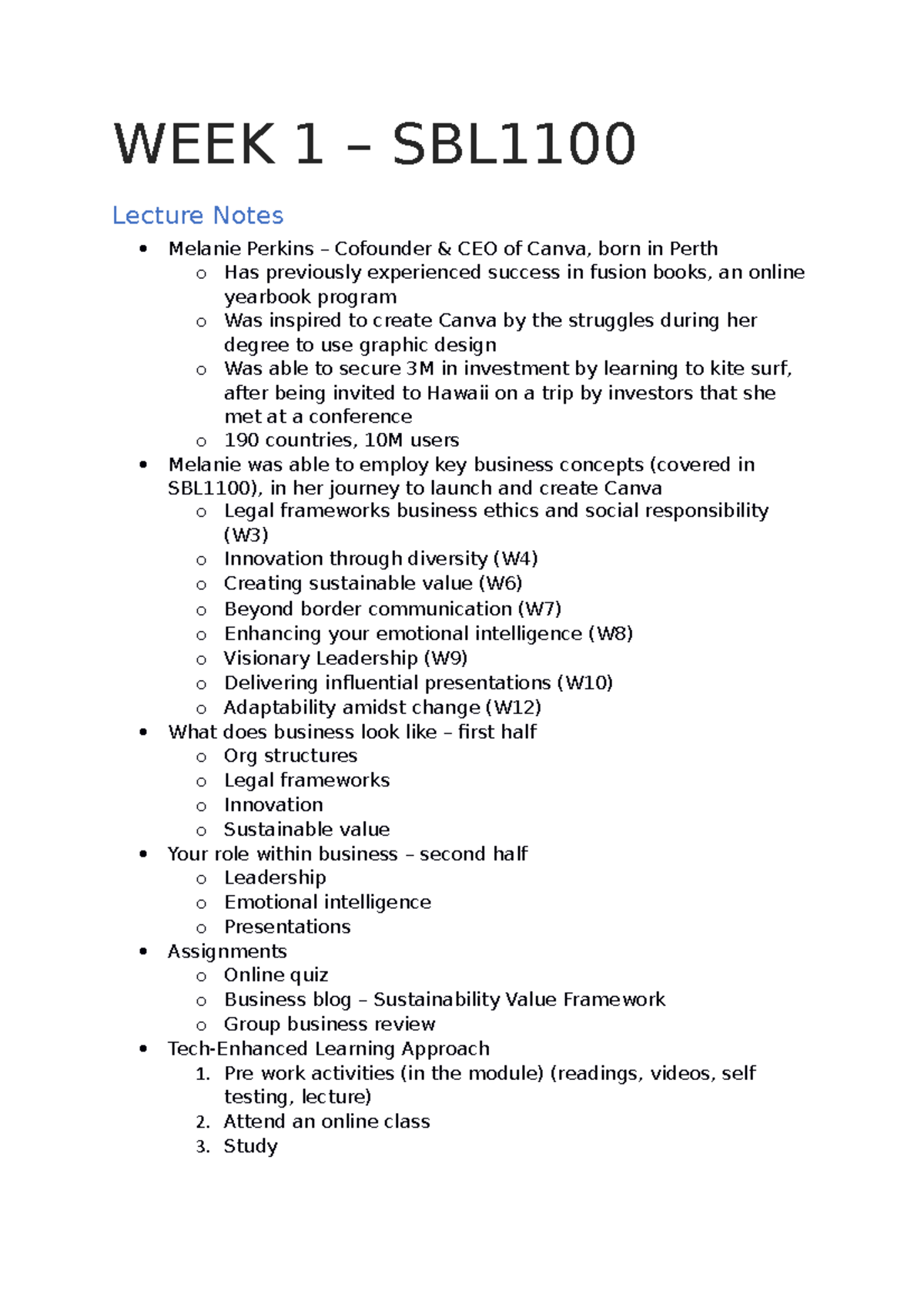 SBL1100 W1 - Unit Snapshot - WEEK 1 – SBL Lecture Notes Melanie Perkins ...