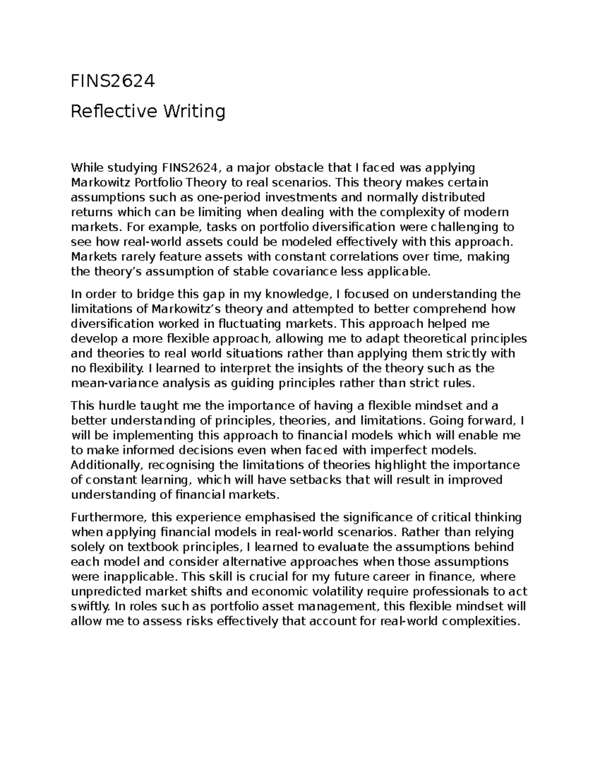FINS2624 Reflective Writing - FINS Reflective Writing While studying ...