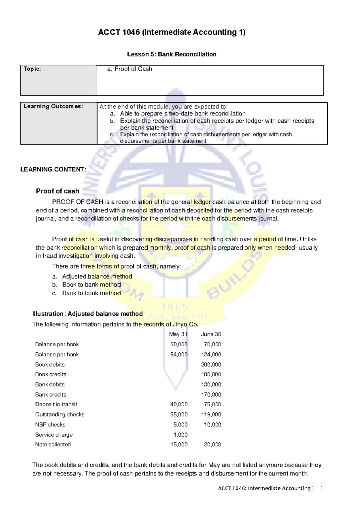 Lesson- 5 Bank Reconciliation (Proof of Cash) - ACCT 1046 (Intermediate ...