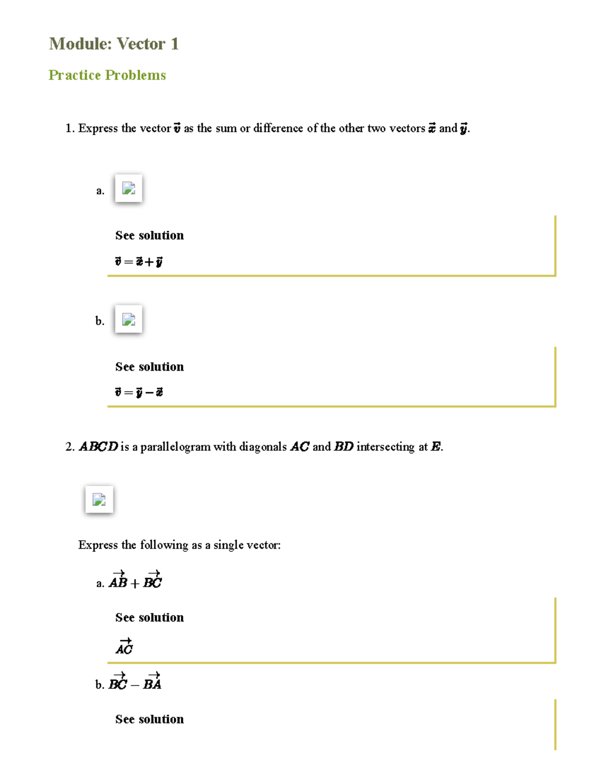Vector 1 practice - Module: Vector 1 Practice Problems 1. Express the ...