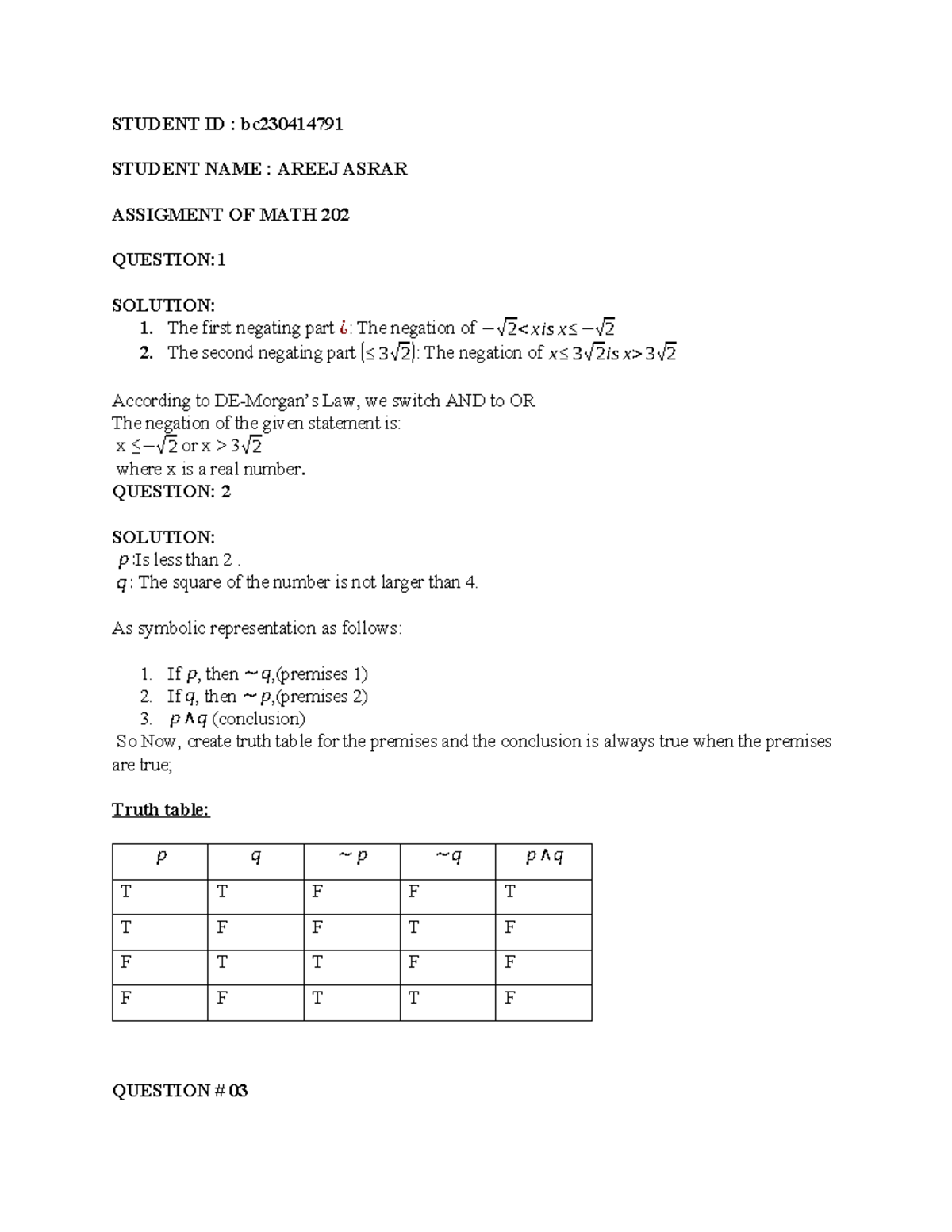 Assigment OF MATH 202 - STUDENT ID : bc STUDENT NAME : AREEJ ASRAR ...