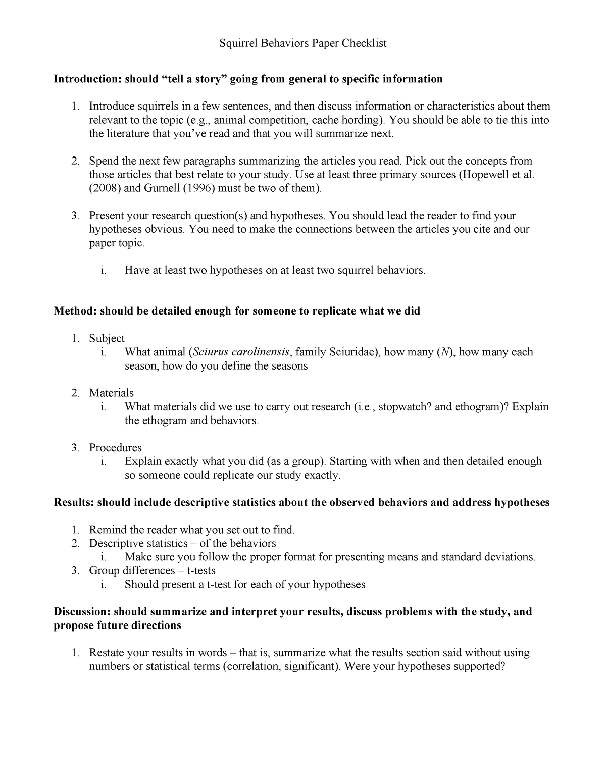 Paper 1 squirrels checklist - Squirrel Behaviors Paper Checklist