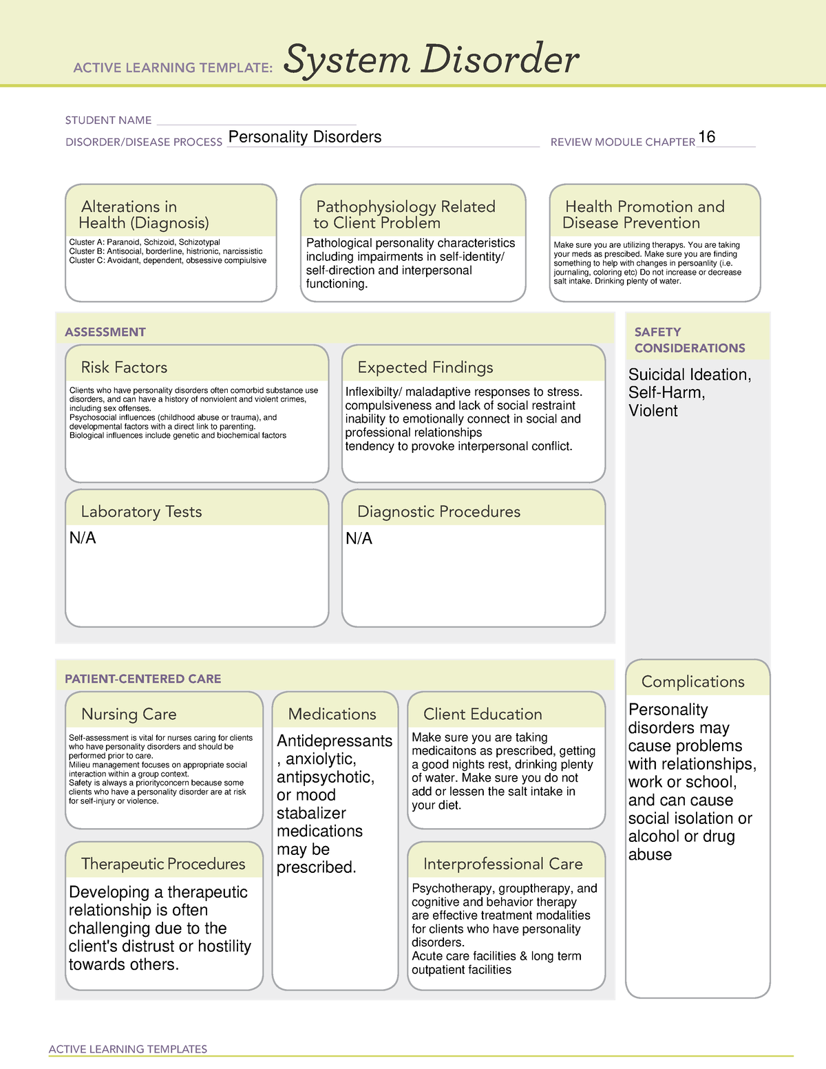 System Disorder Personality Disorder ACTIVE LEARNING TEMPLATES
