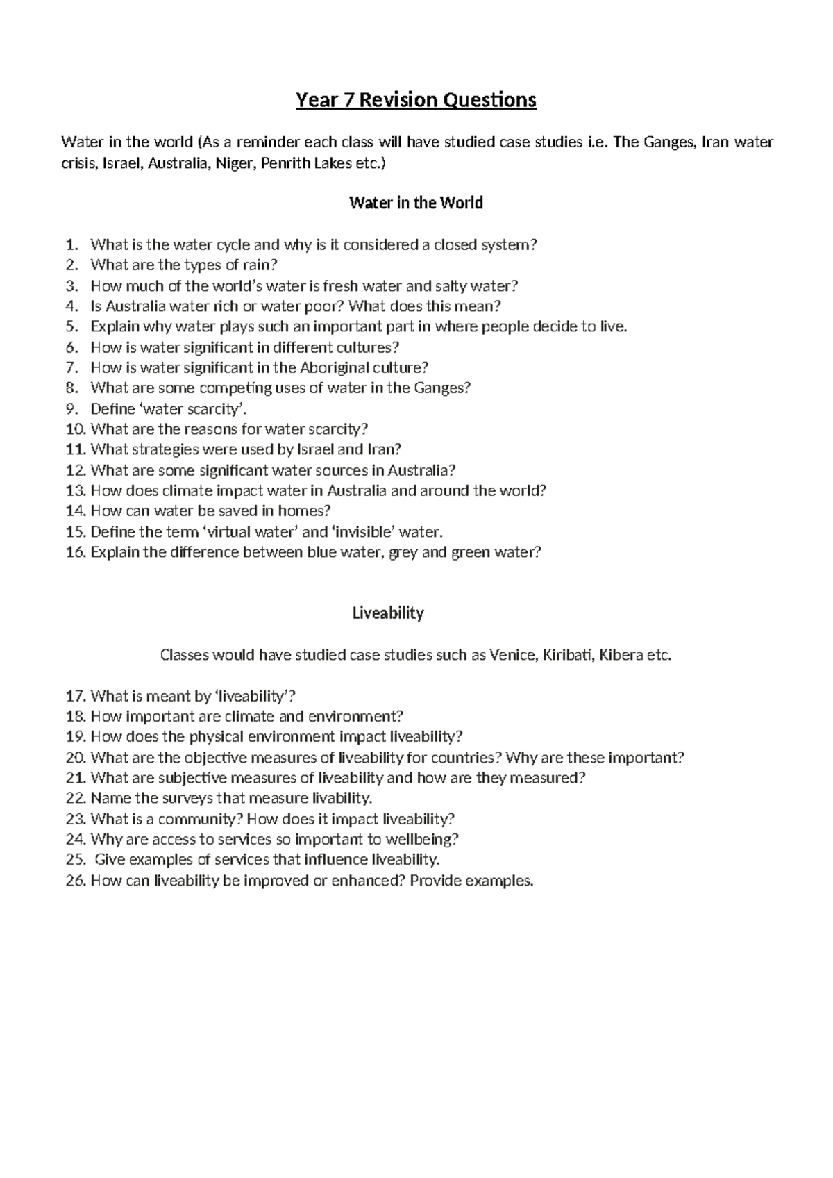 Year 7 Exam Revision - ...... - Year 7 Revision Questions Water in the ...